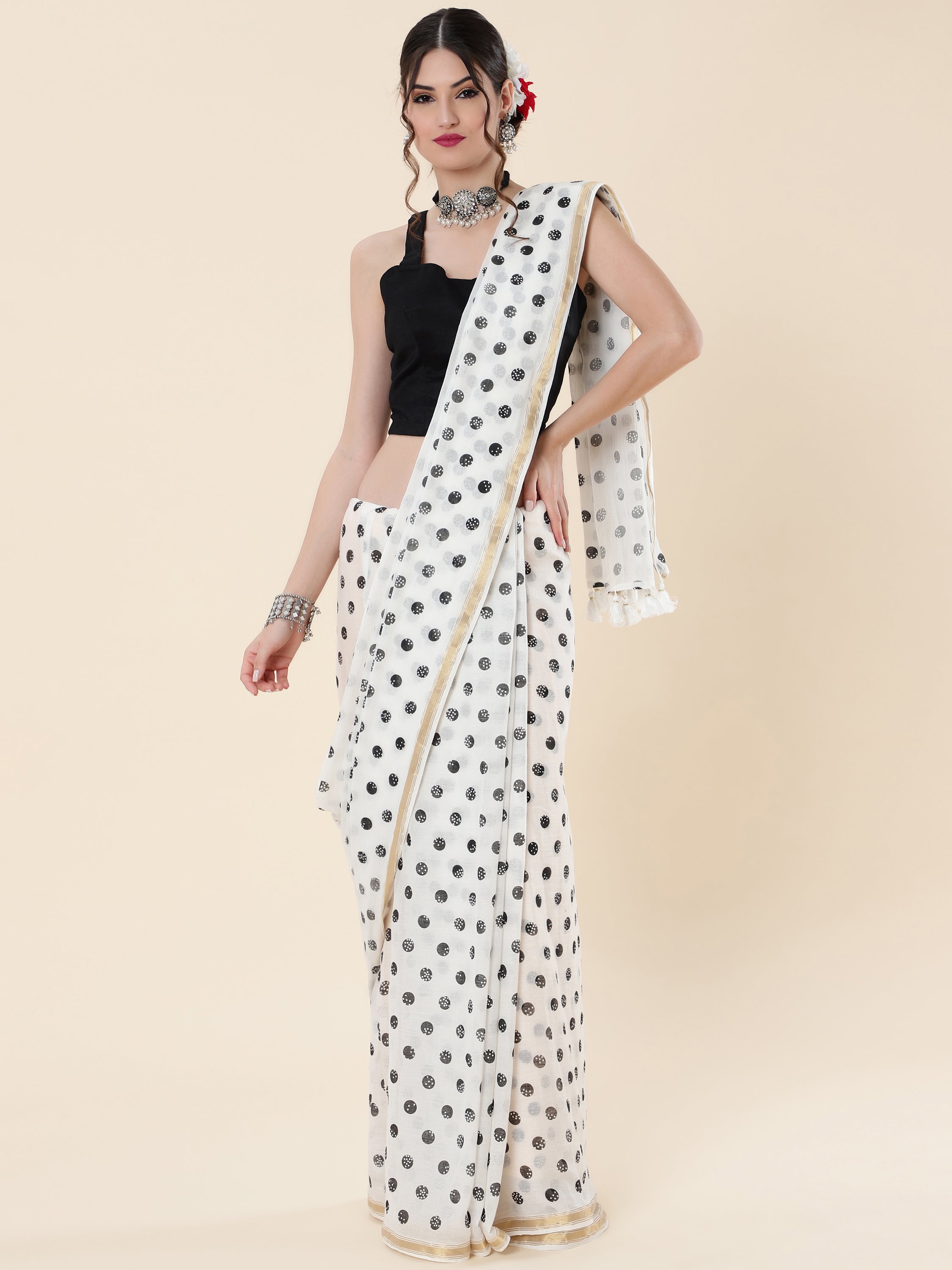 WHITE VISCOSE MUL LIVA POLKA DOTS SAREE
