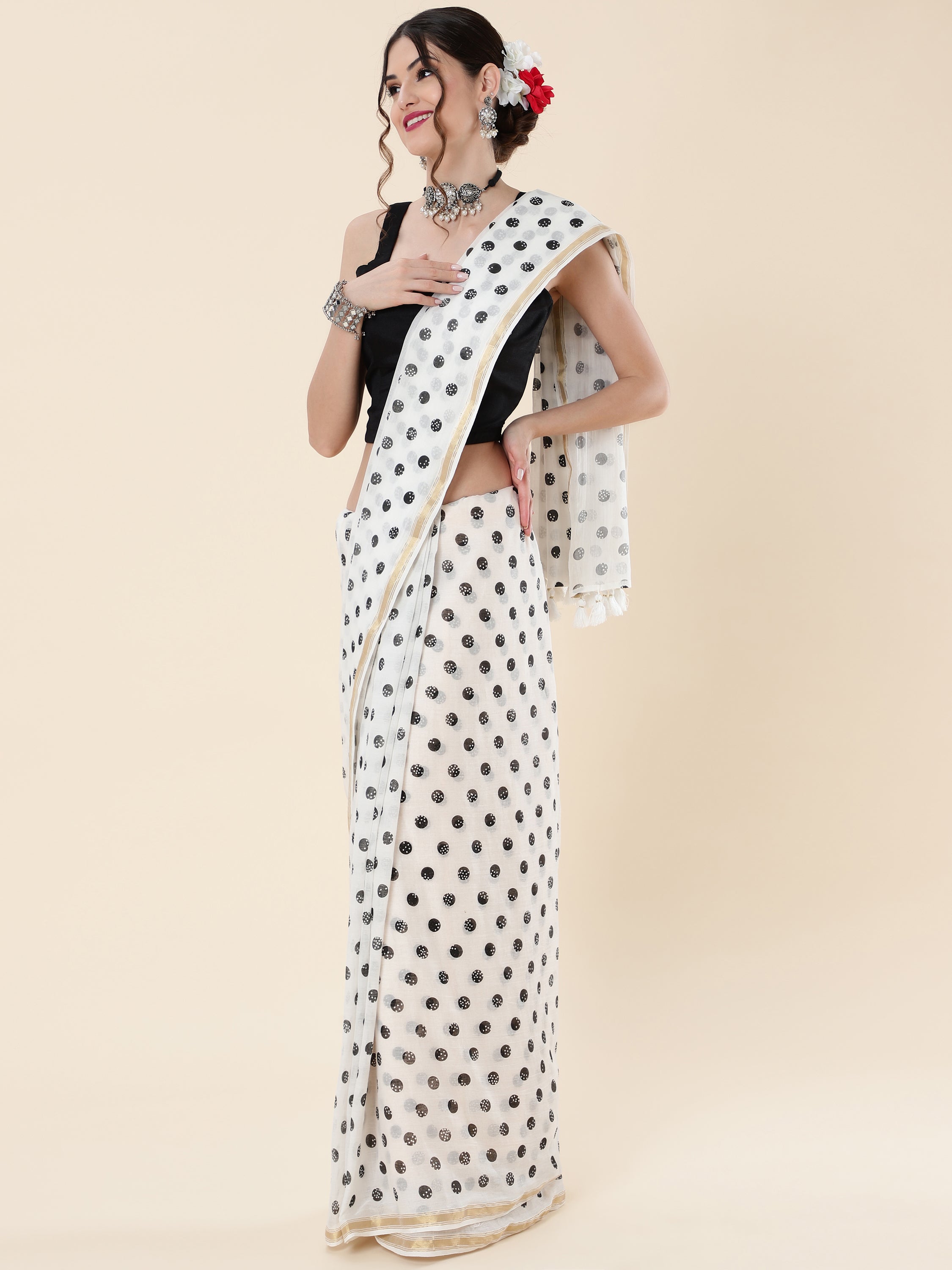 WHITE VISCOSE MUL LIVA POLKA DOTS SAREE