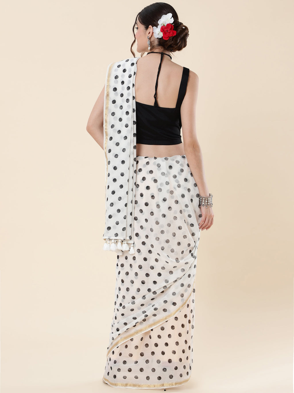 WHITE VISCOSE MUL LIVA POLKA DOTS SAREE