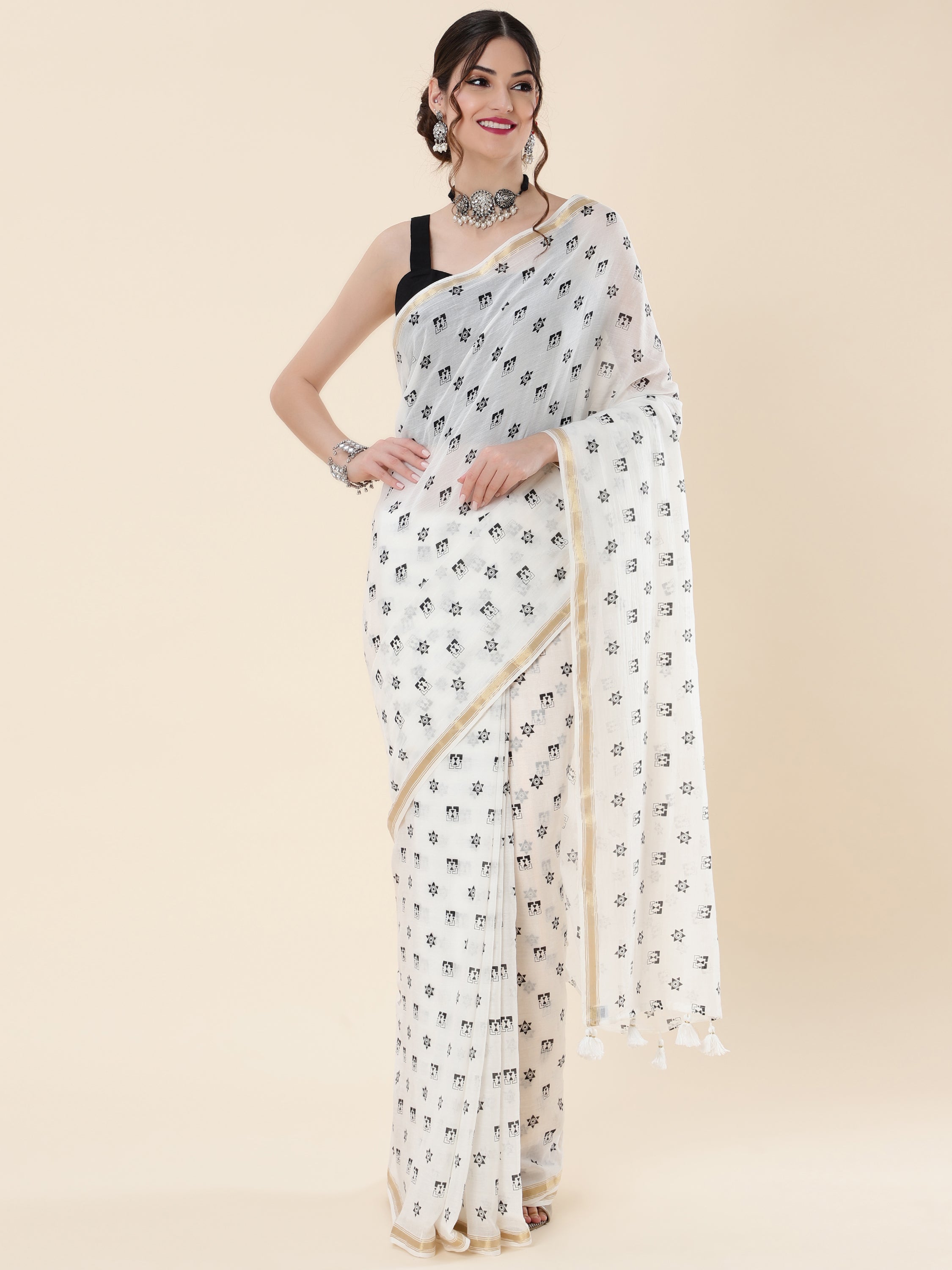 OFF-WHITE VISCOSE MUL LIVA POLKA DOTS SAREE