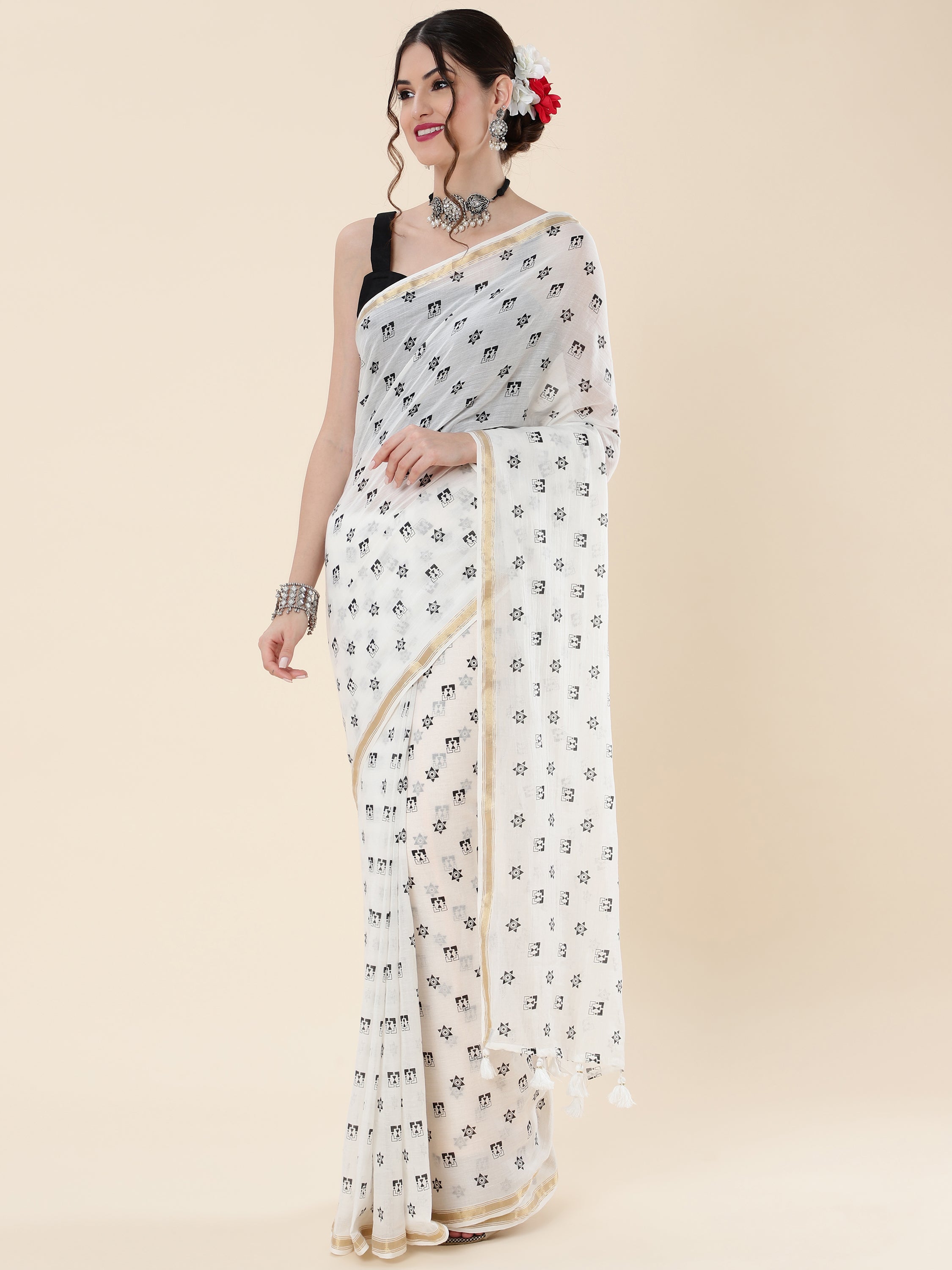 OFF-WHITE VISCOSE MUL LIVA POLKA DOTS SAREE