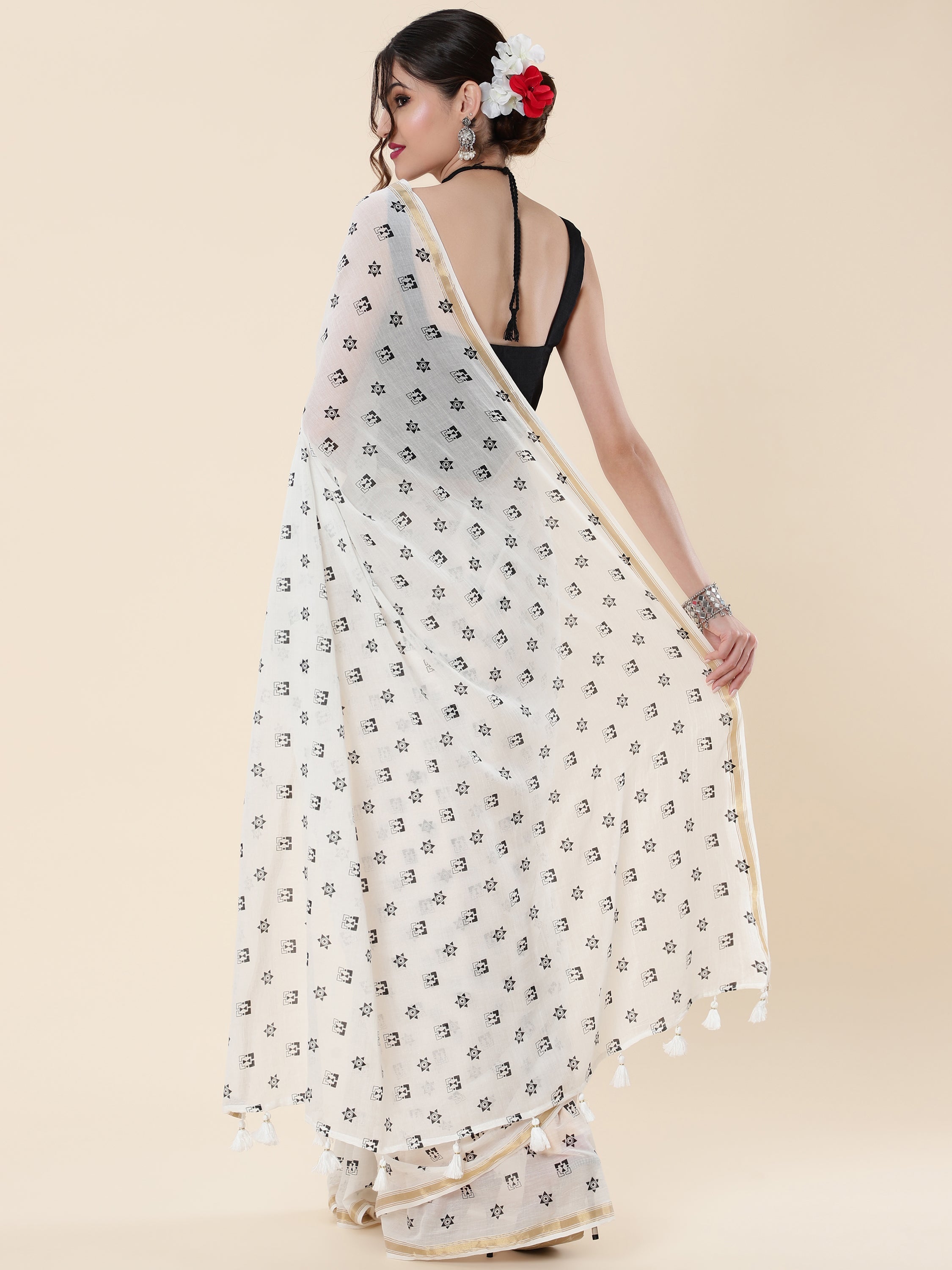 OFF-WHITE VISCOSE MUL LIVA POLKA DOTS SAREE