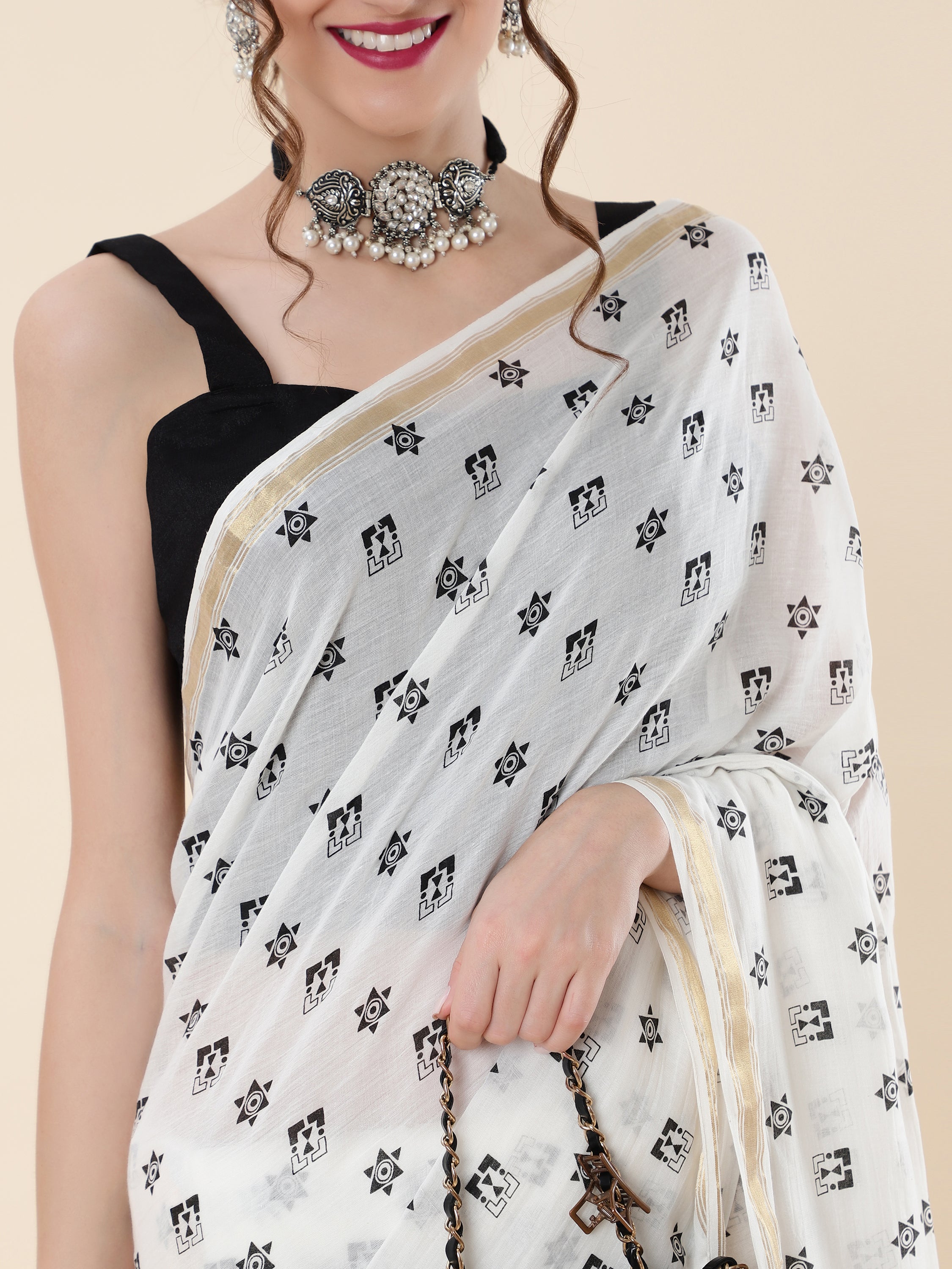 OFF-WHITE VISCOSE MUL LIVA POLKA DOTS SAREE