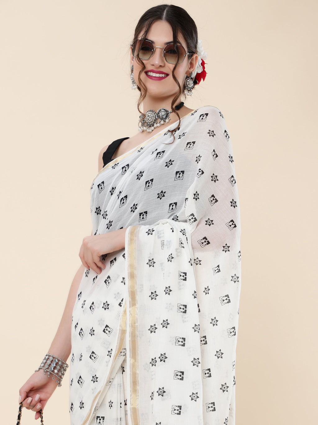 OFF-WHITE VISCOSE MUL LIVA POLKA DOTS SAREE