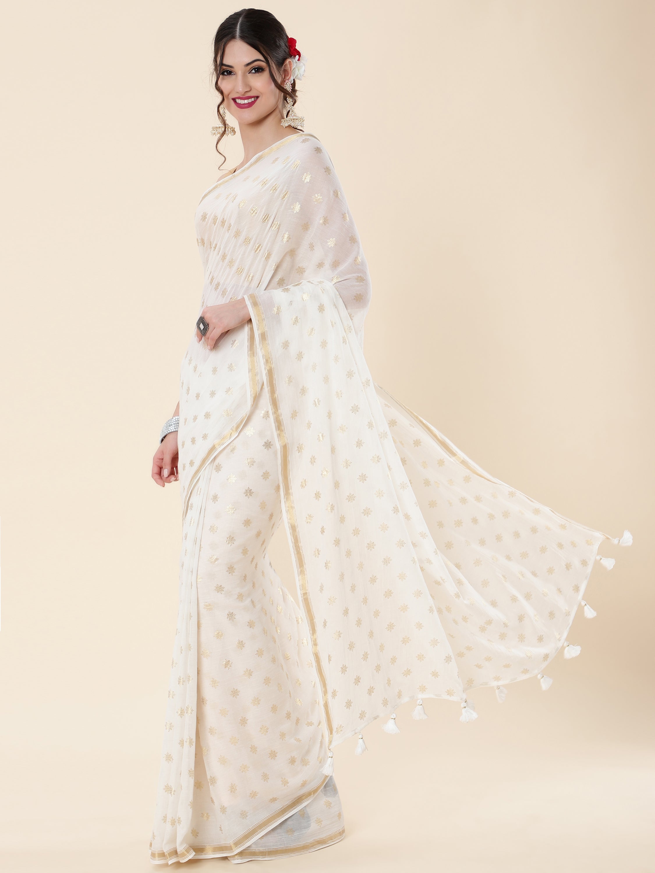 OFF-WHITE VISCOSE MUL POLKA DOTS LIVA SAREE