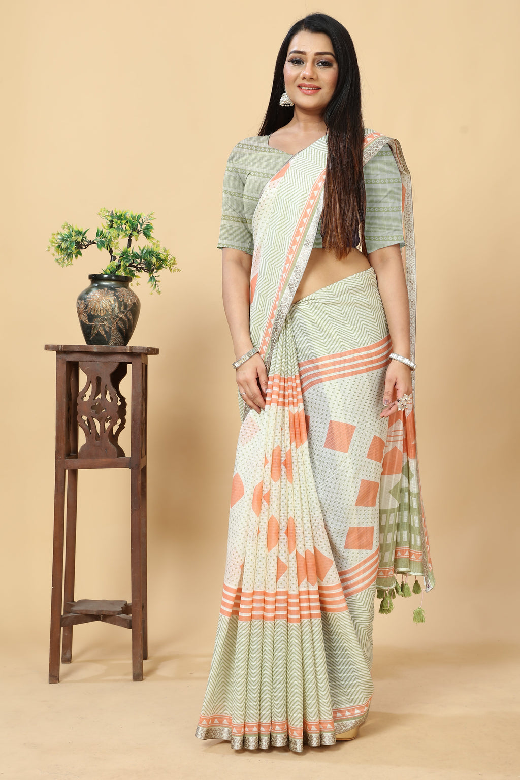 MINT GREEN VISCOSE MUL CONTEMPORARY PRINTED LIVA SAREE