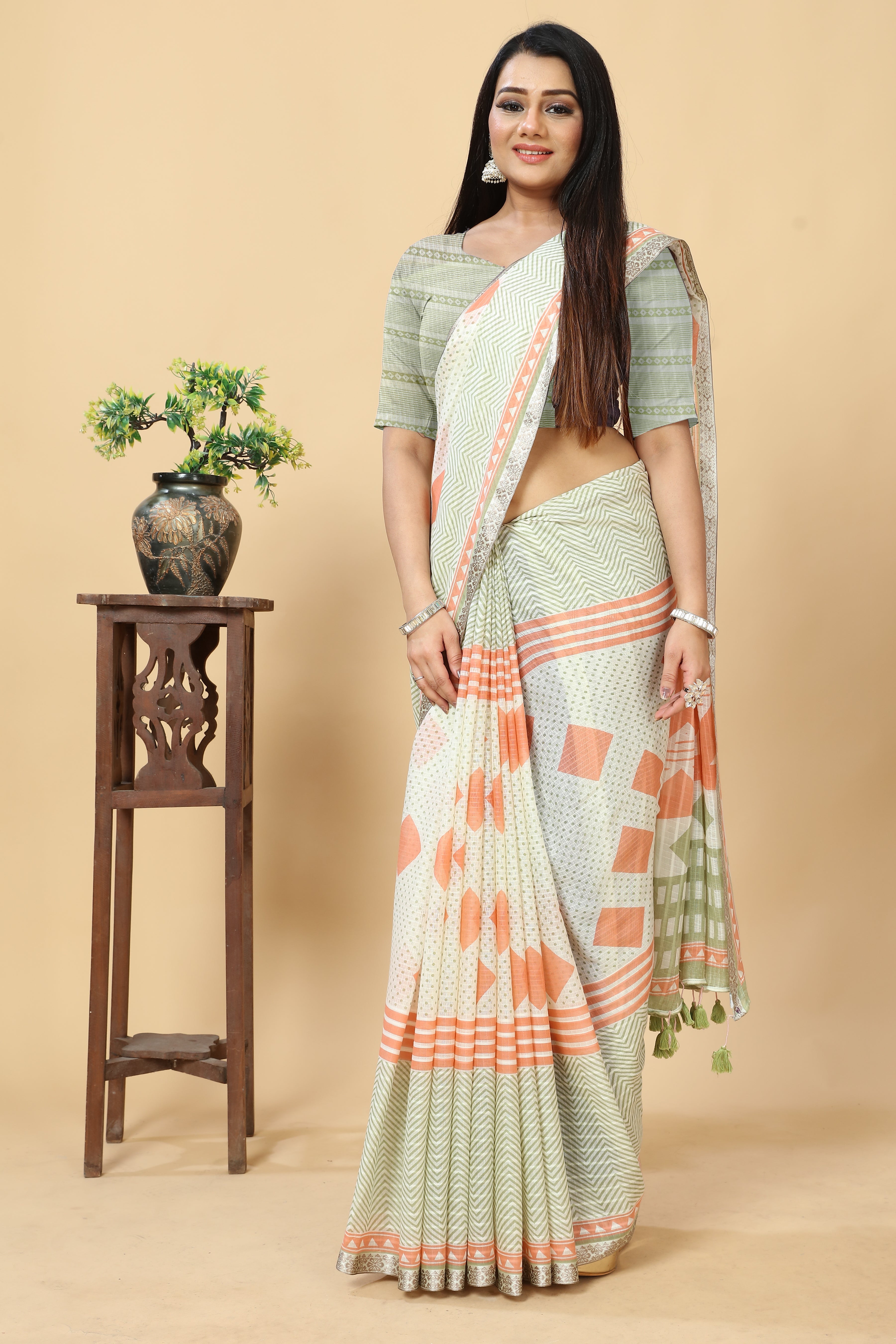 MINT GREEN VISCOSE MUL CONTEMPORARY PRINTED LIVA SAREE
