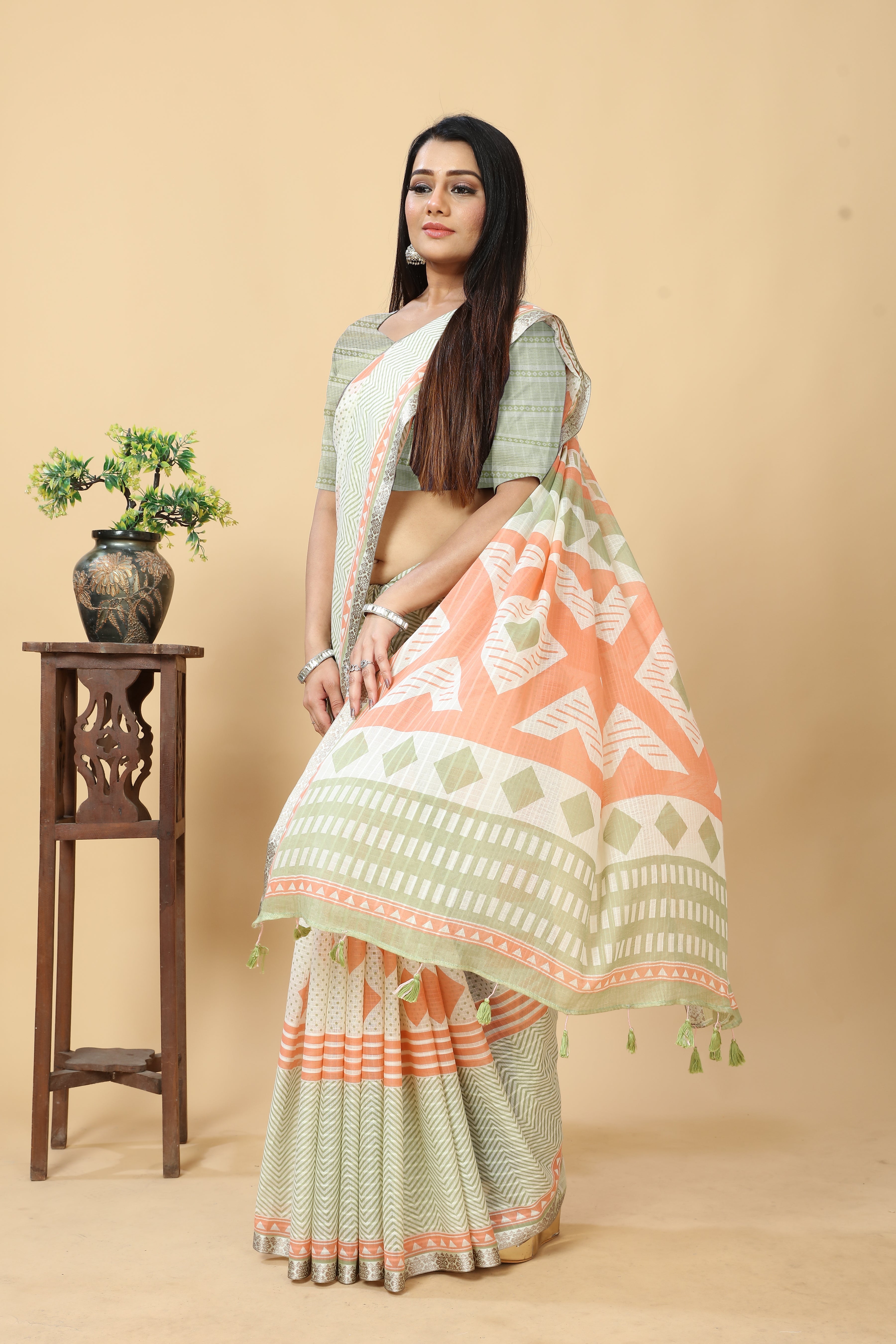 MINT GREEN VISCOSE MUL CONTEMPORARY PRINTED LIVA SAREE