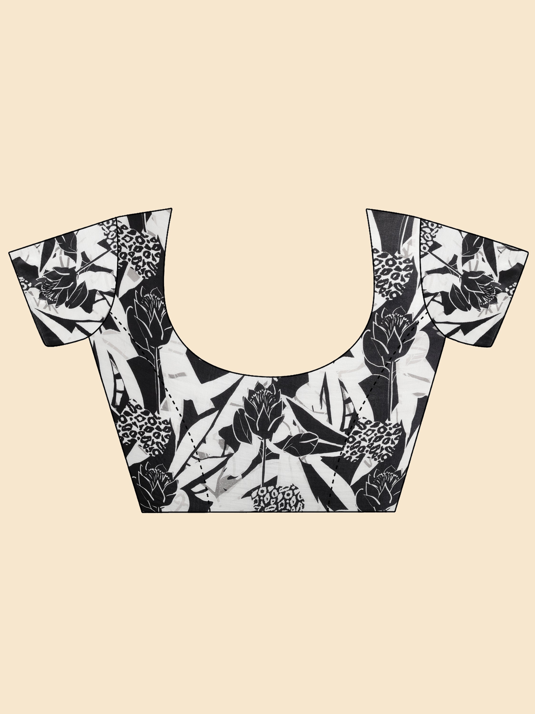 BLACK & WHITE MONOCHROME FLORA FAUNA PRINT SAREE