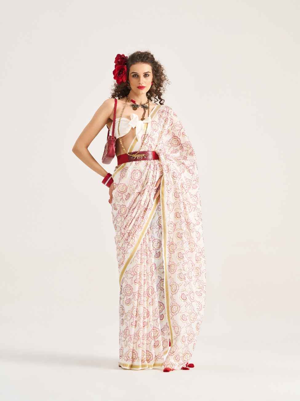 WHITE VISCOSE MUL FLOWER PRINTED SAREE