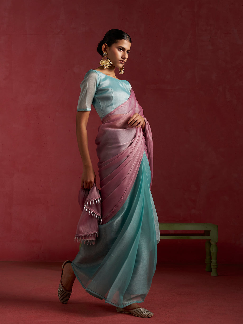 PINK TURQUOISE CHIFFON PRE-PLEATED SAREE