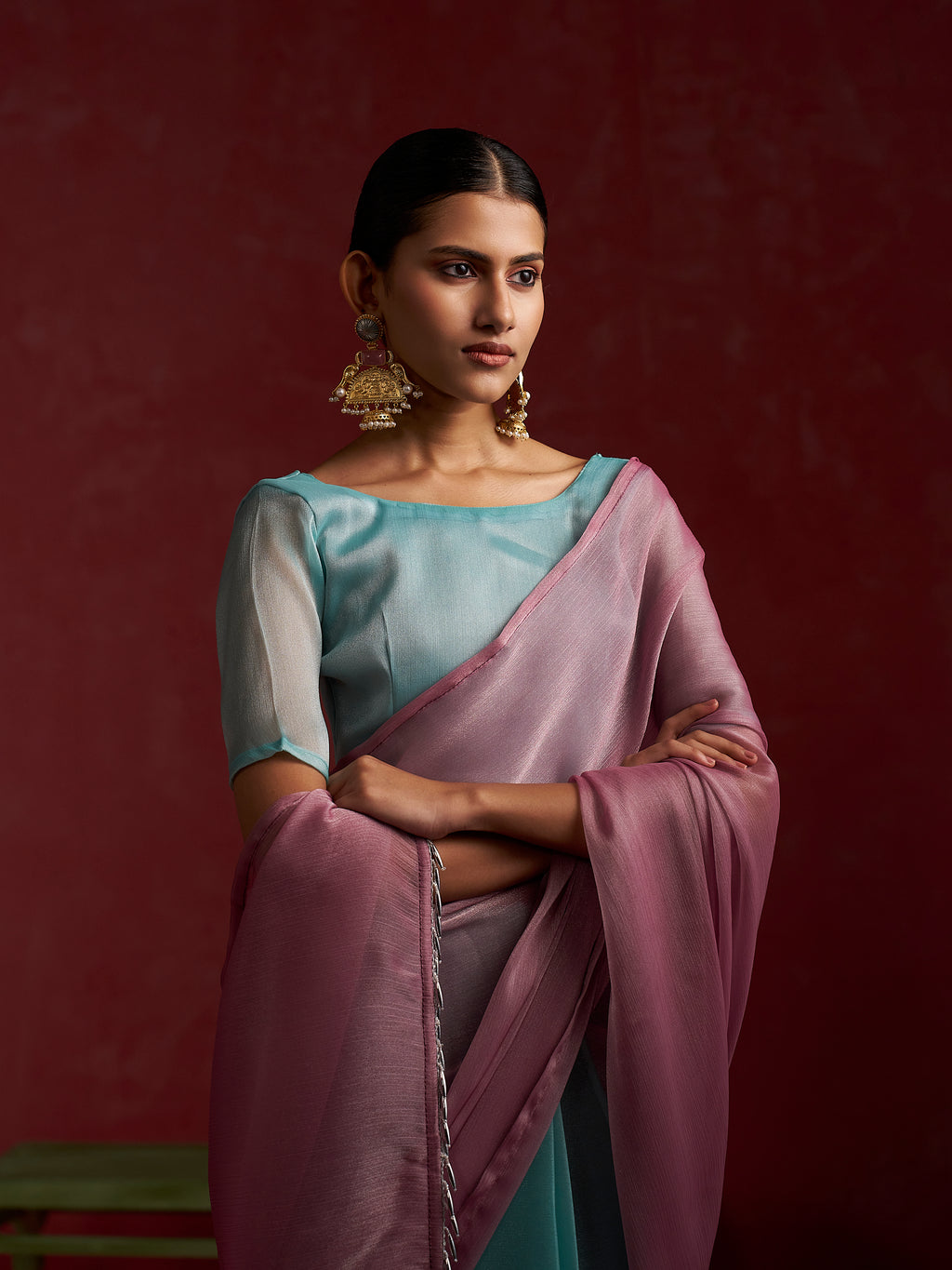 PINK TURQUOISE CHIFFON PRE-PLEATED SAREE