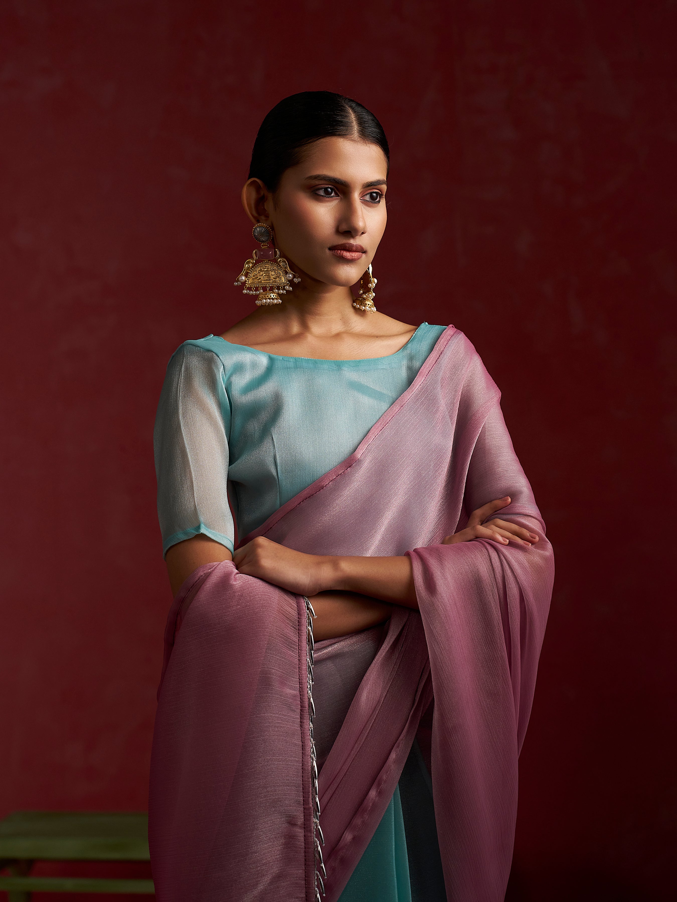 PINK TURQUOISE CHIFFON PRE-PLEATED SAREE