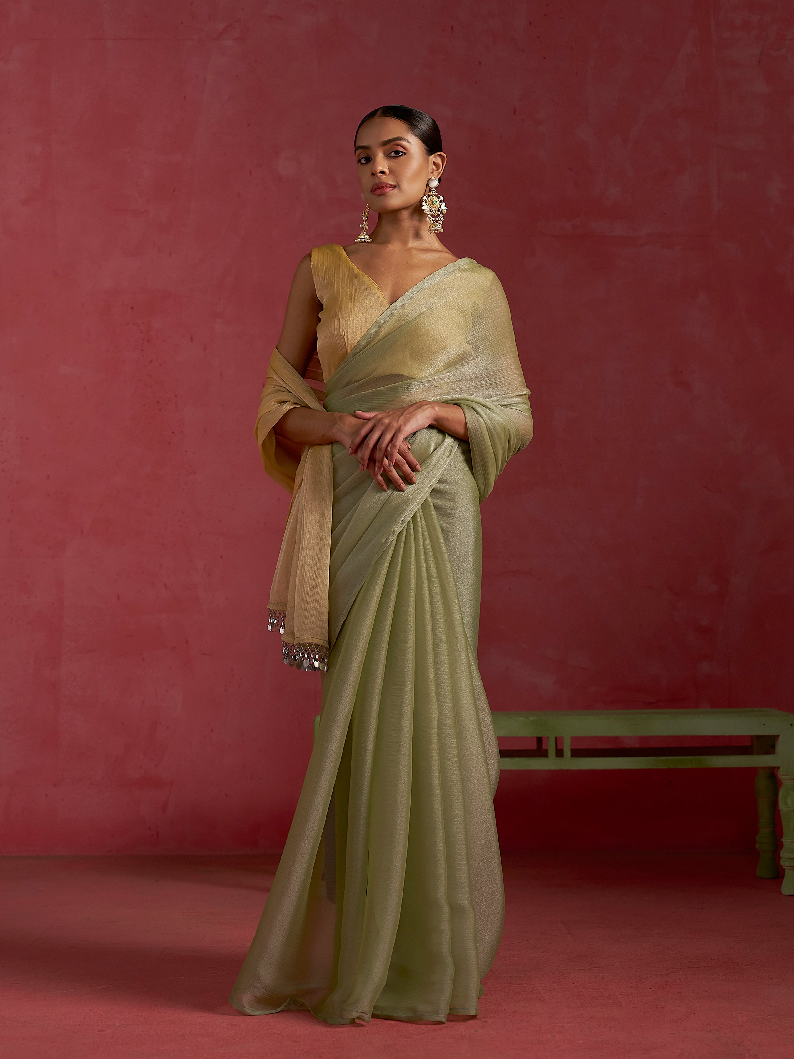 PISTA & YELLOW GLOW CHIFFON READY-TO-WEAR SAREE