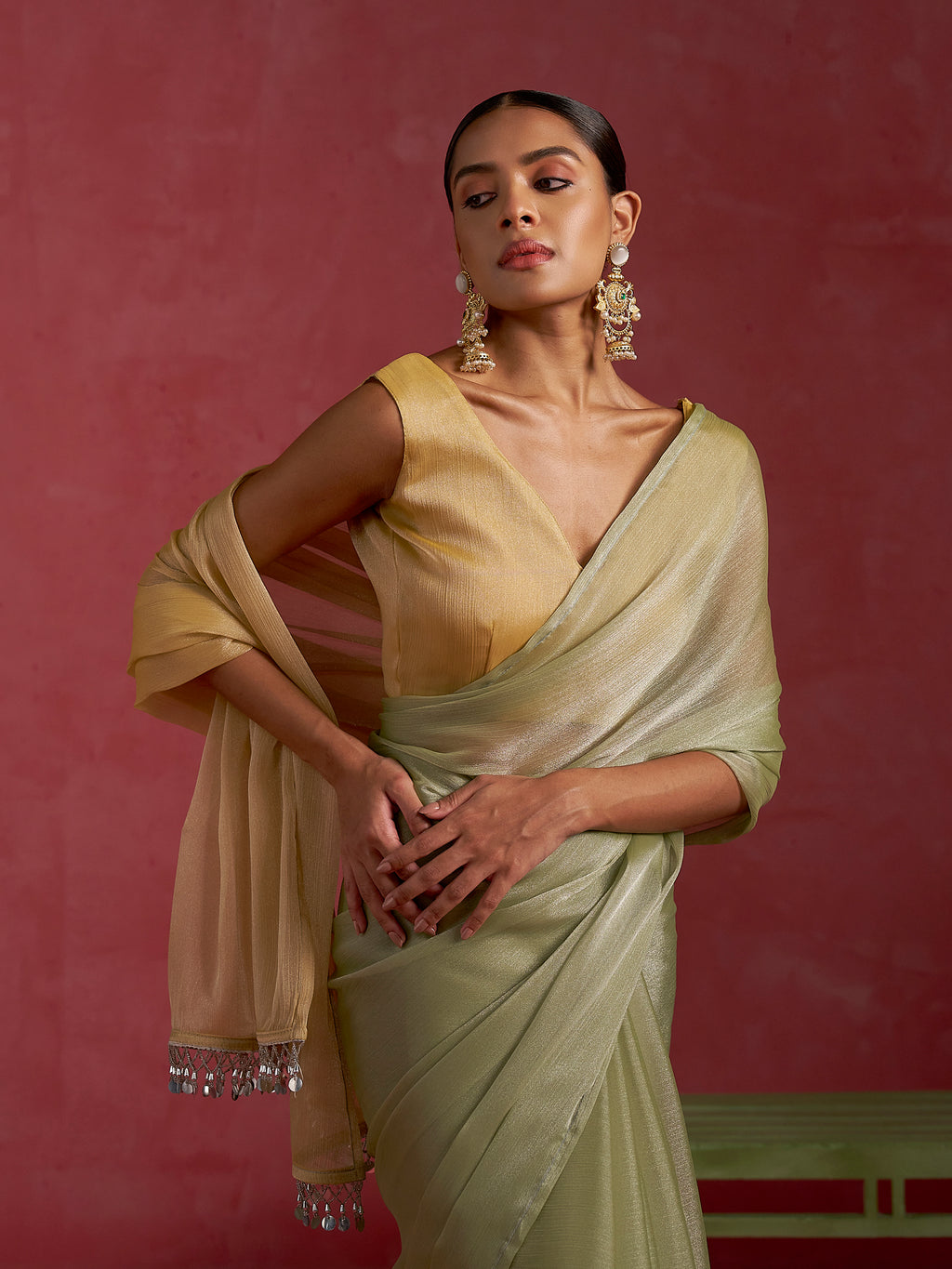 PISTA & YELLOW GLOW CHIFFON READY-TO-WEAR SAREE