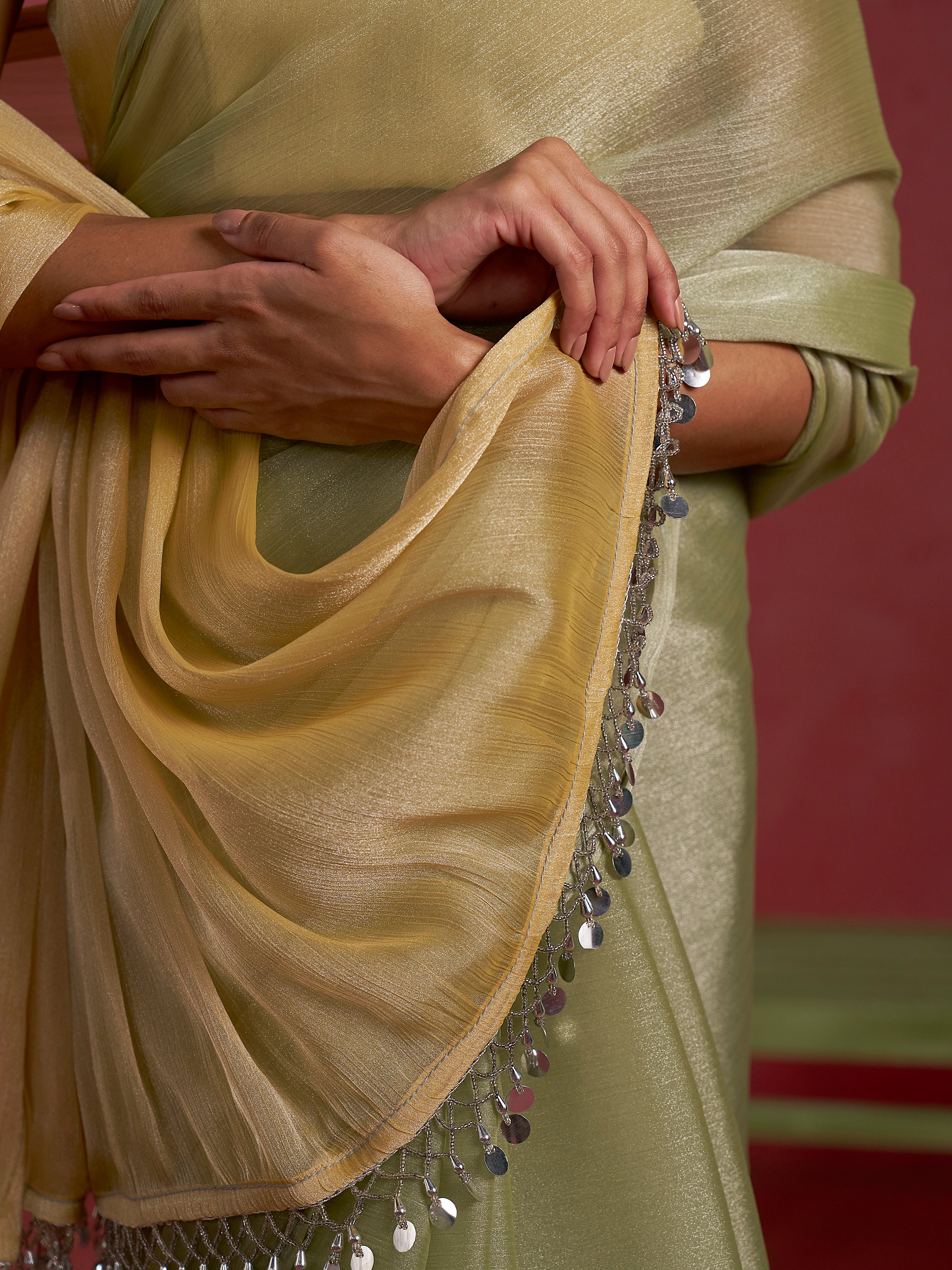 PISTA & YELLOW GLOW CHIFFON READY-TO-WEAR SAREE