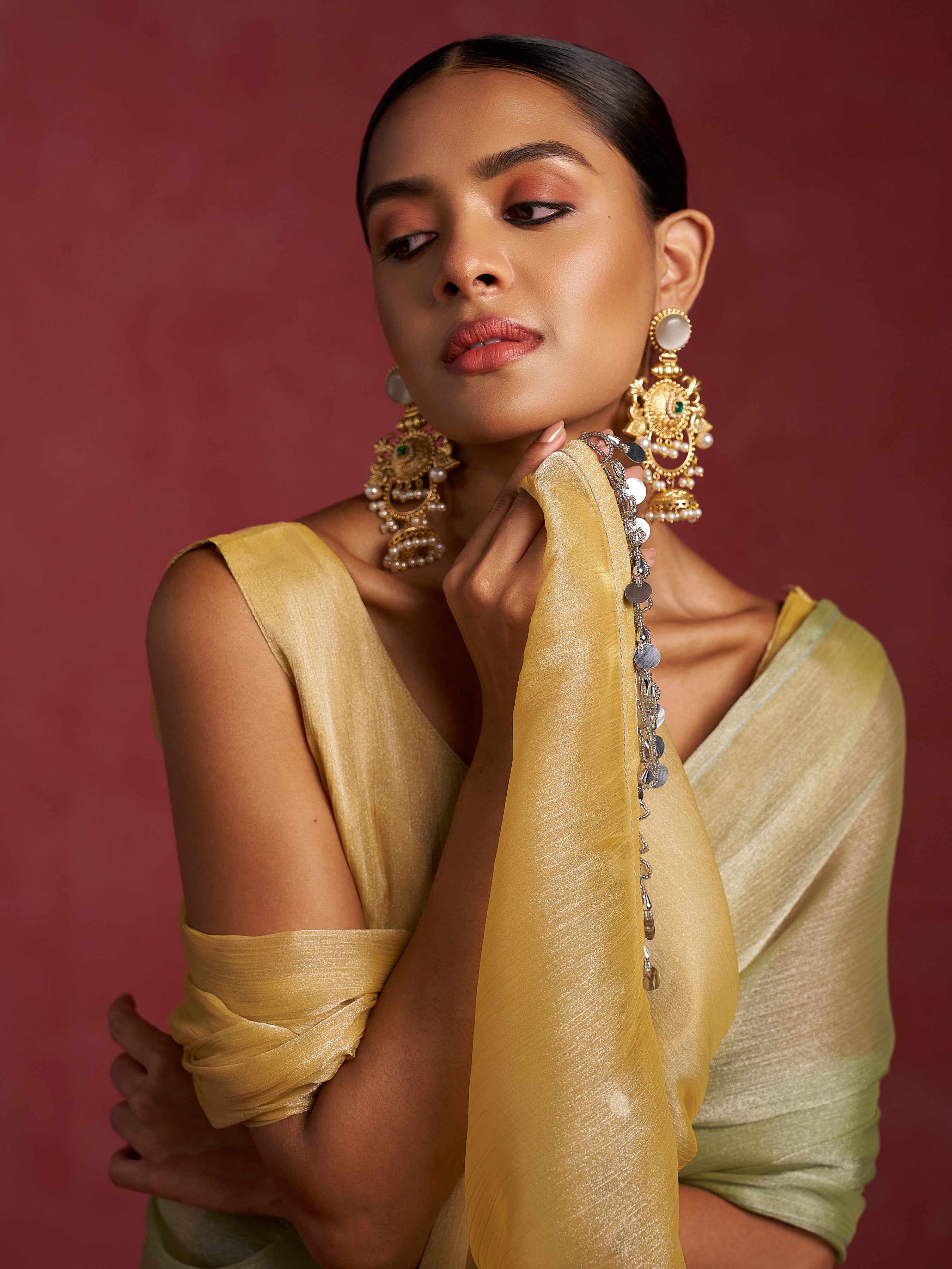 PISTA & YELLOW GLOW CHIFFON READY-TO-WEAR SAREE