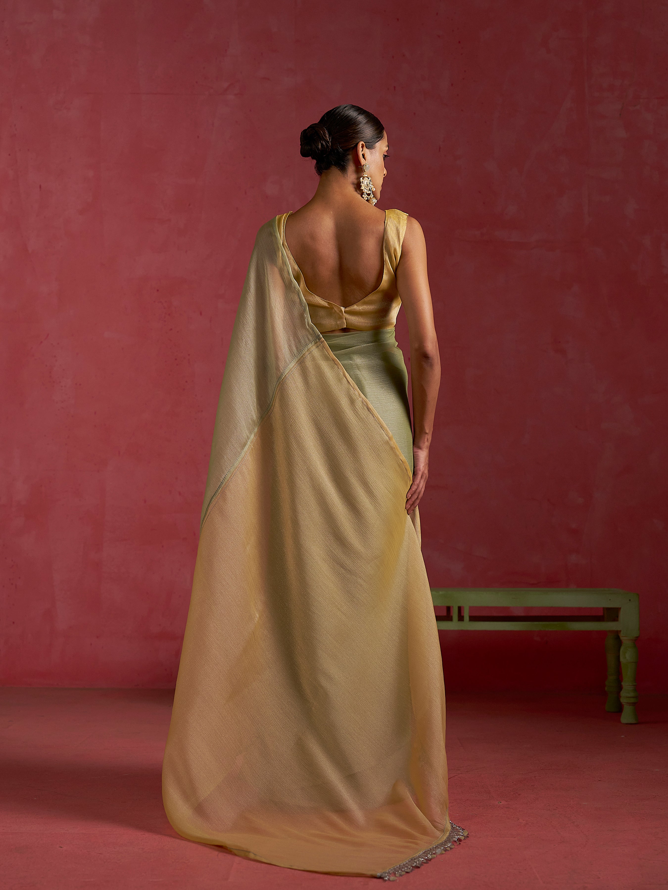 PISTA & YELLOW GLOW CHIFFON READY-TO-WEAR SAREE