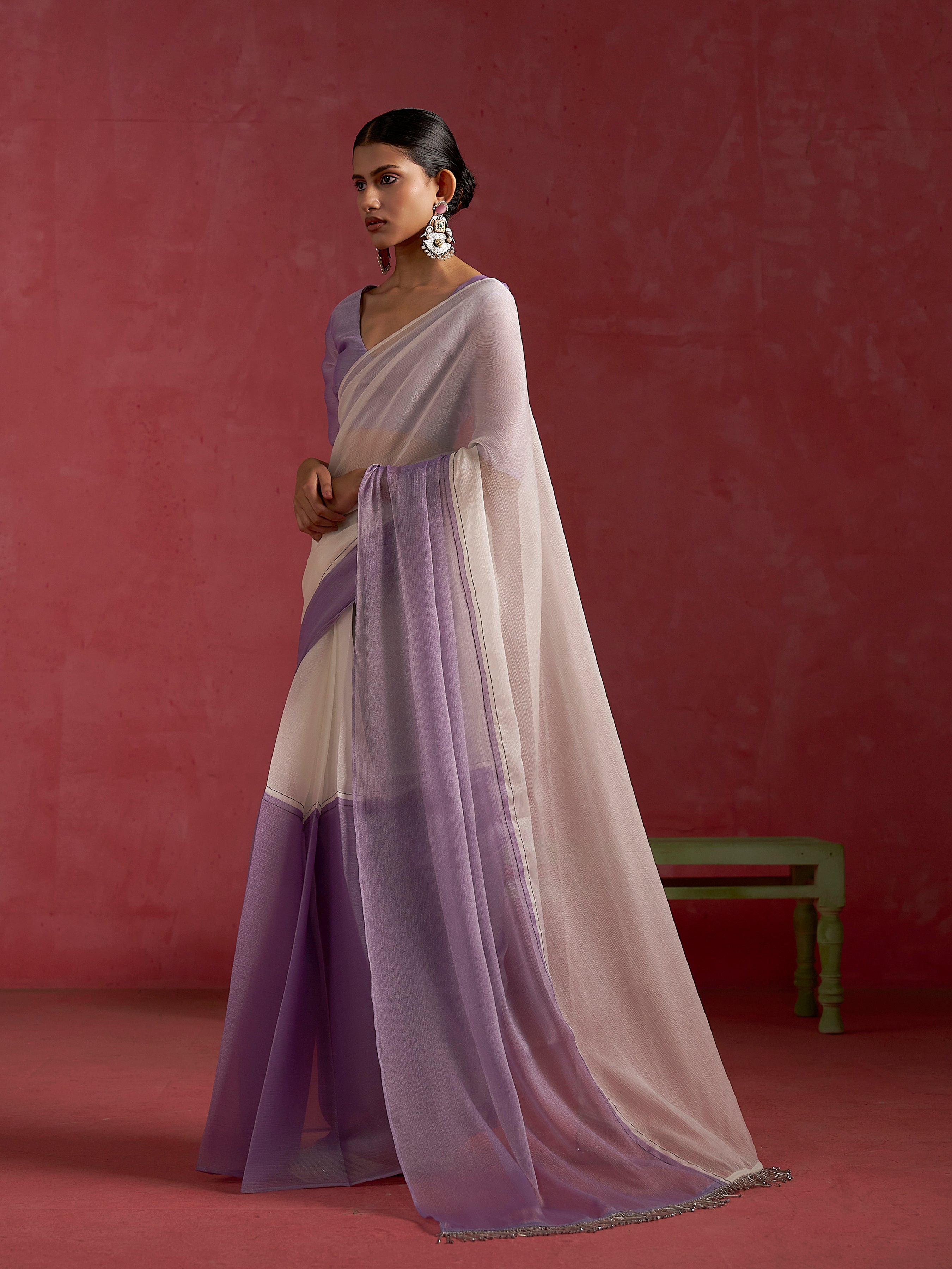 PURPLE OFF WHITE CHIFFON READY-TO-WEAR SAREE