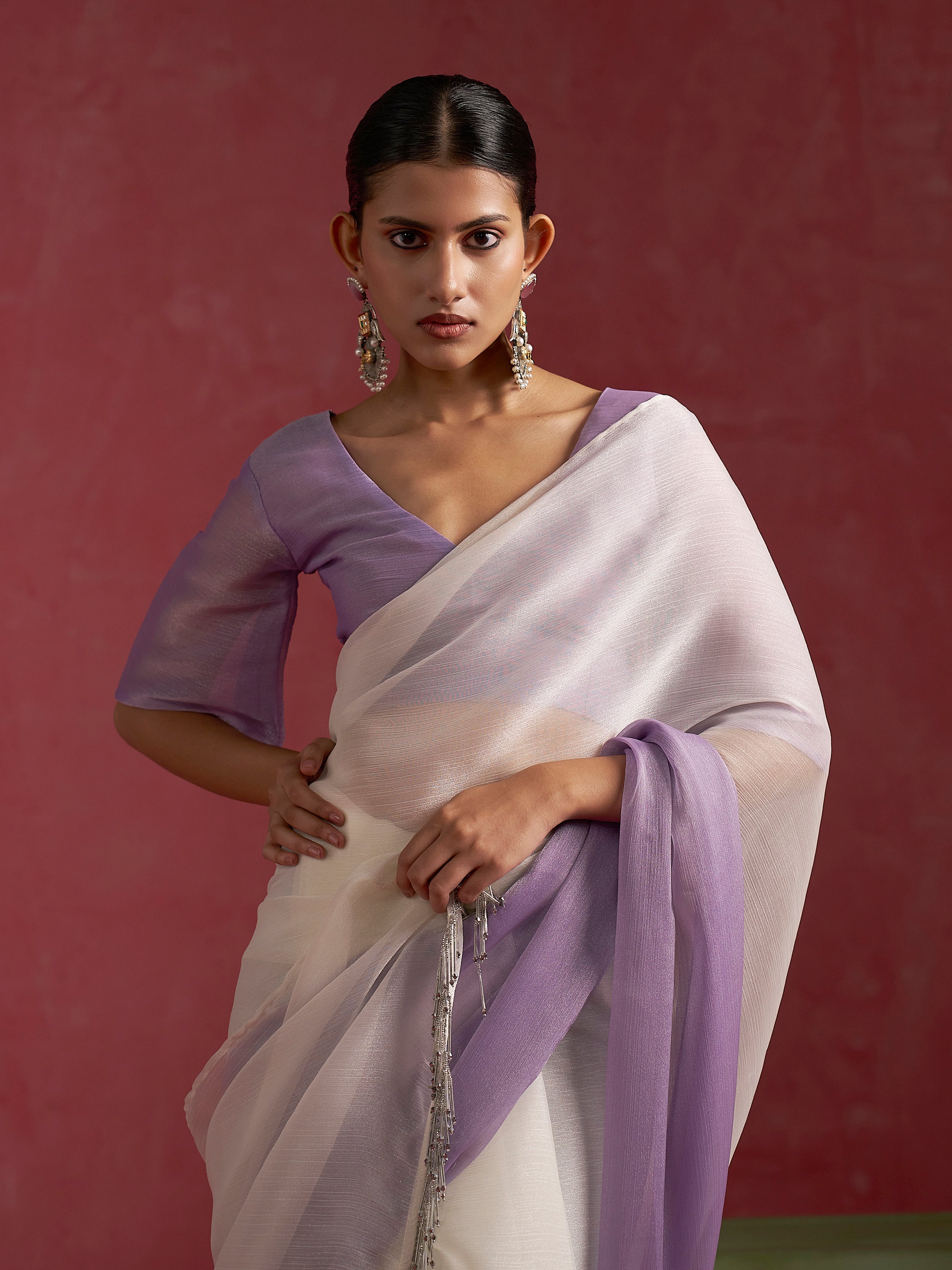 PURPLE OFF WHITE CHIFFON READY-TO-WEAR SAREE