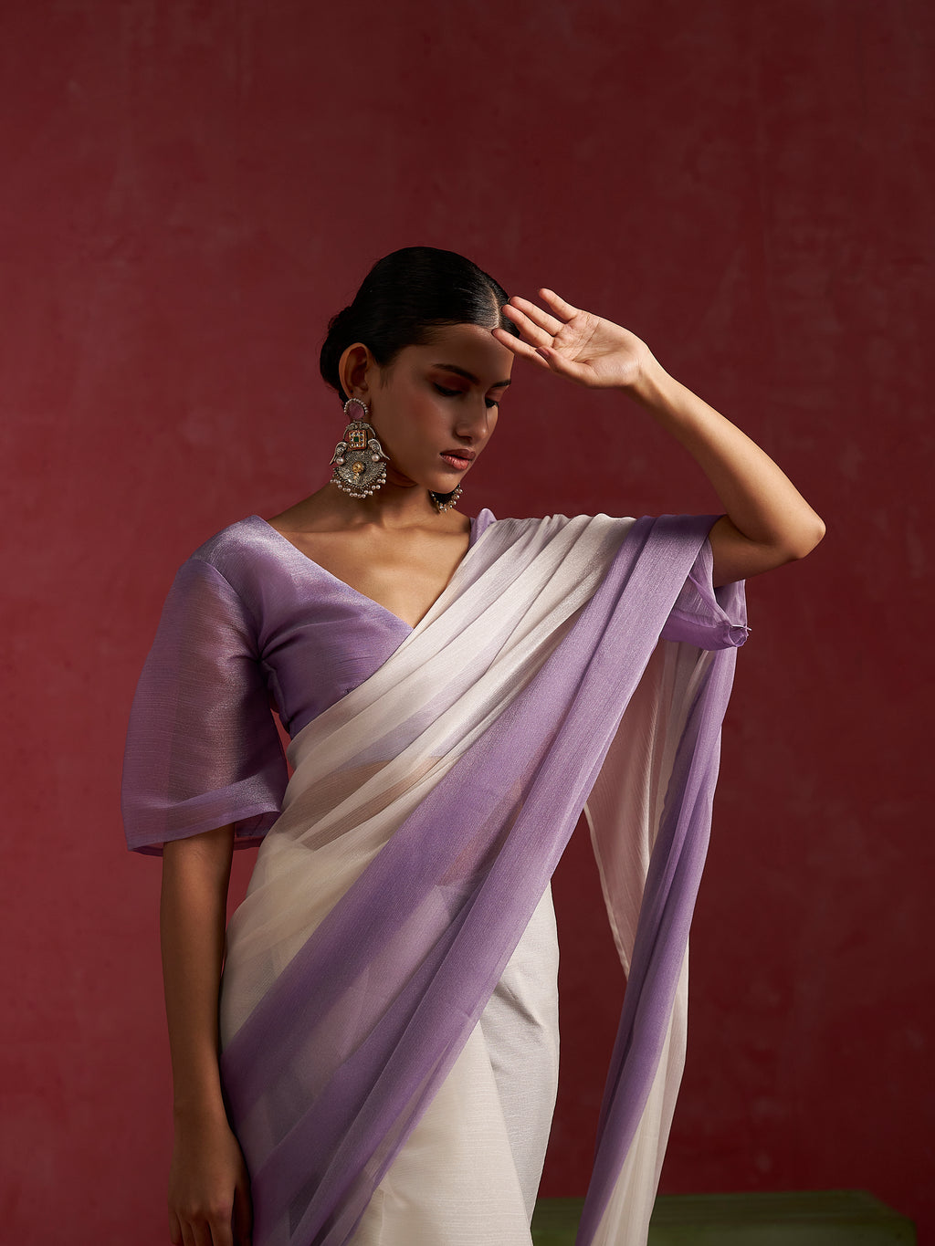 PURPLE OFF WHITE CHIFFON READY-TO-WEAR SAREE