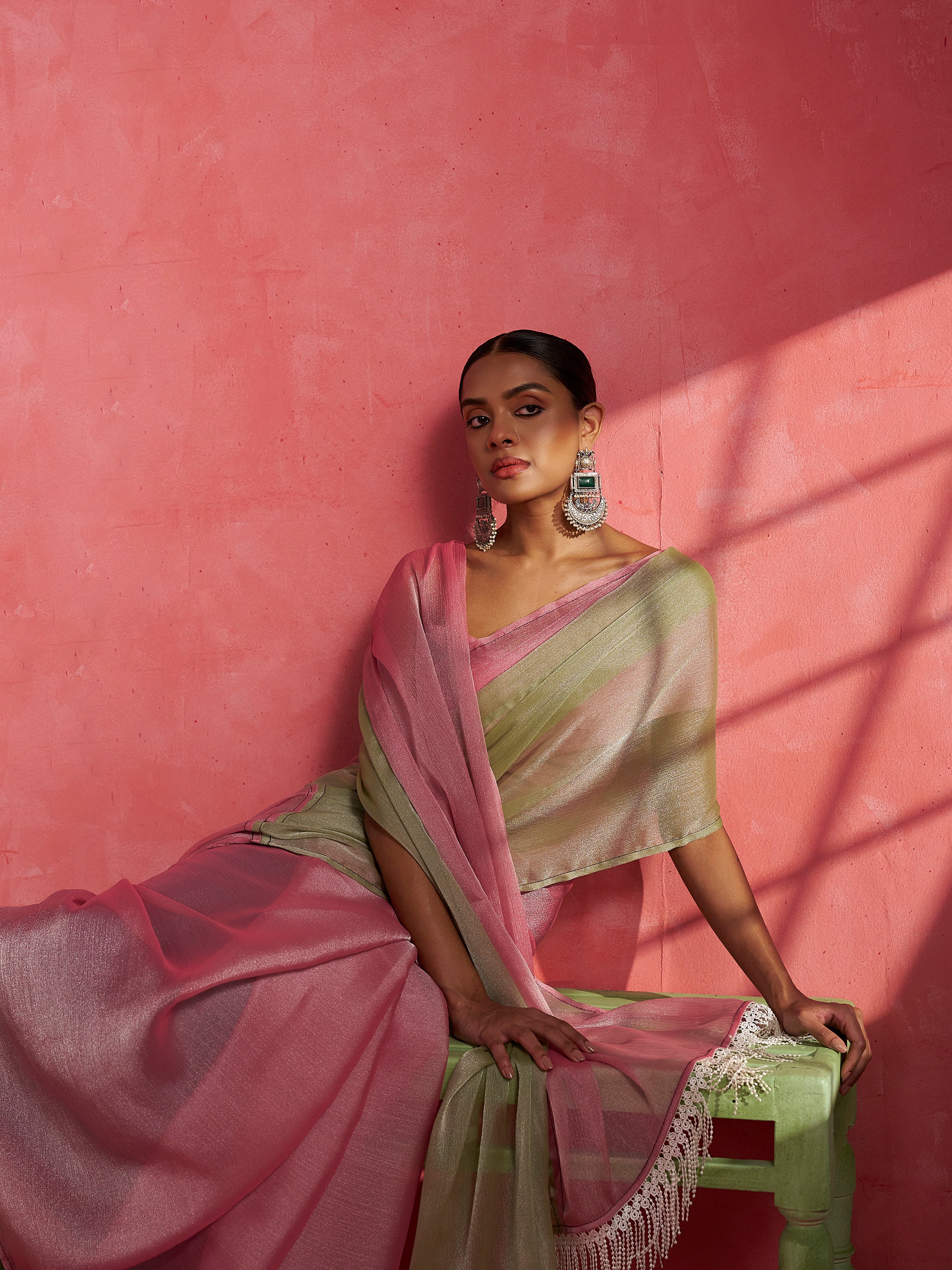 PINK & PISTA GLOW CHIFFON READY-TO-WEAR SAREE