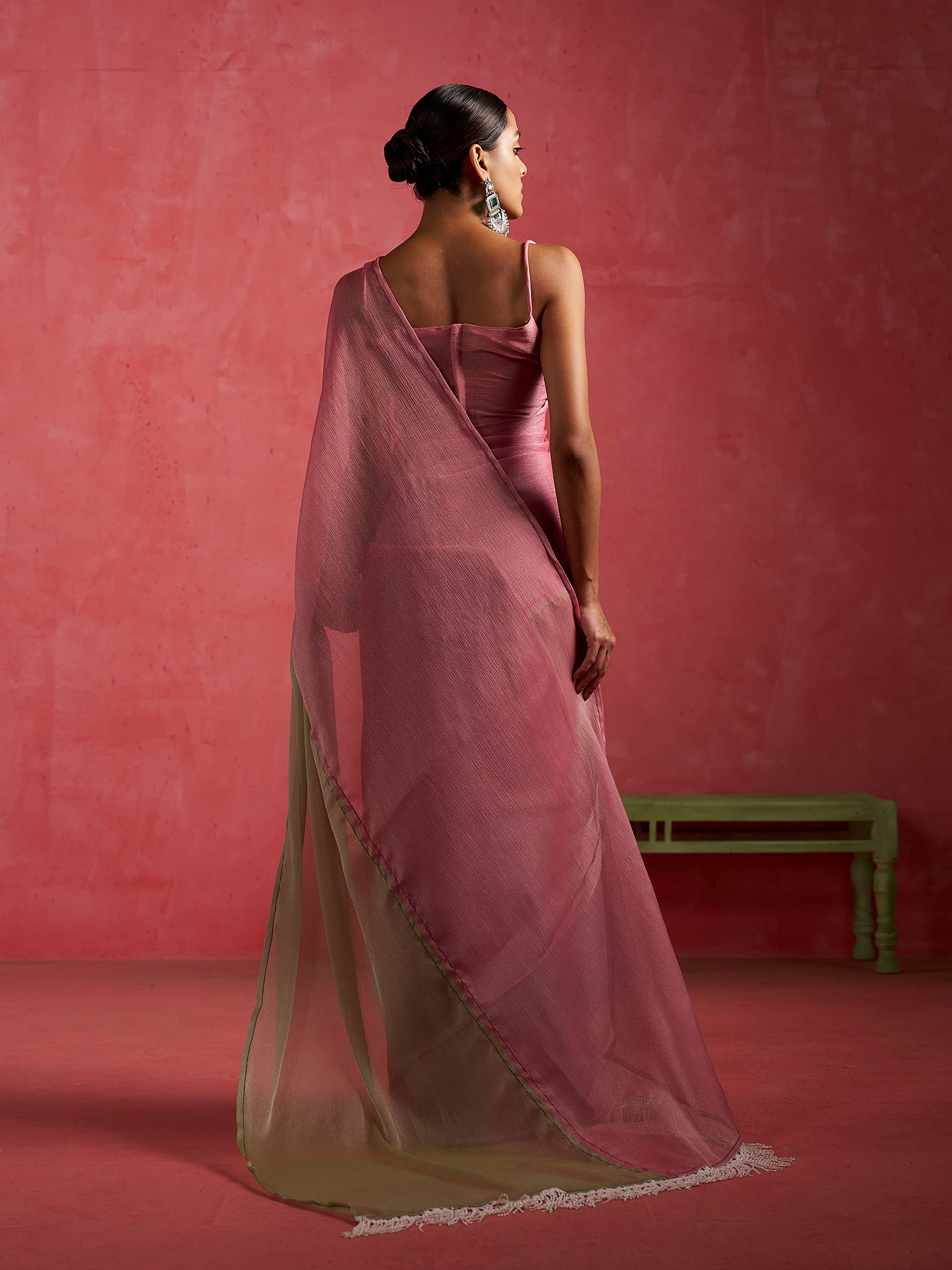 PINK & PISTA GLOW CHIFFON READY-TO-WEAR SAREE