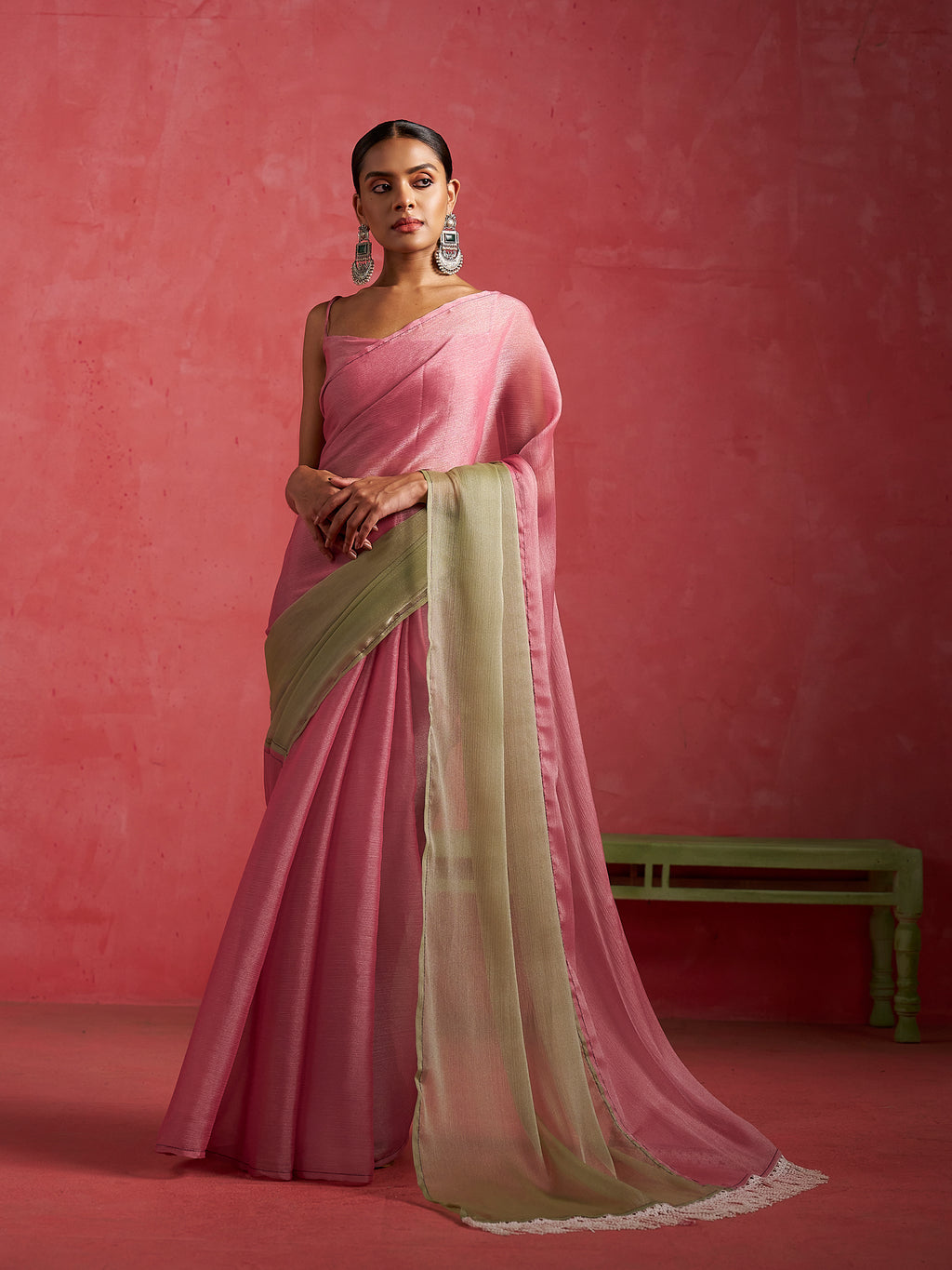 PINK & PISTA GLOW CHIFFON READY-TO-WEAR SAREE