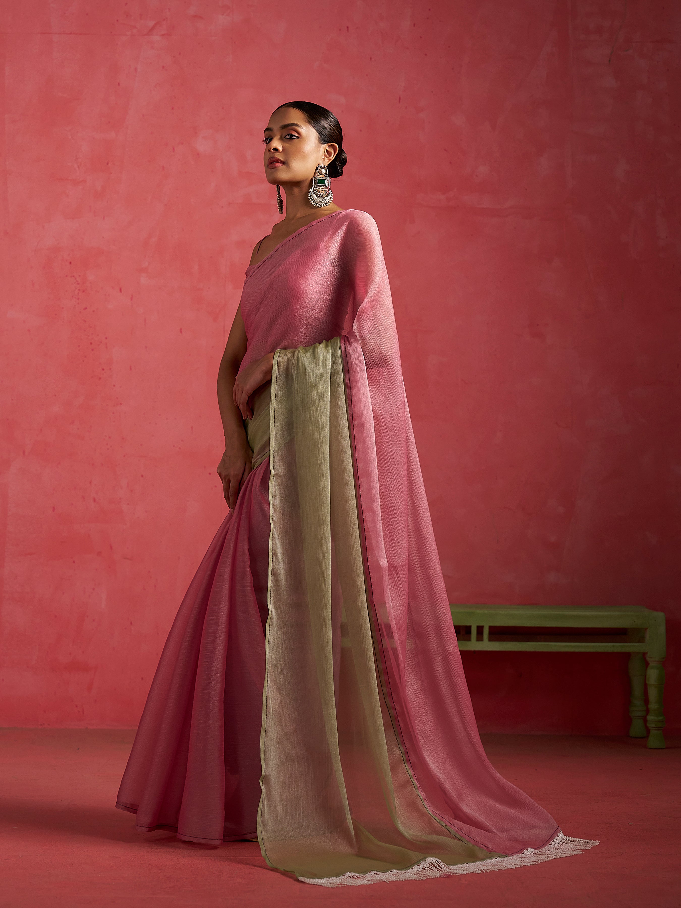 PINK & PISTA GLOW CHIFFON READY-TO-WEAR SAREE