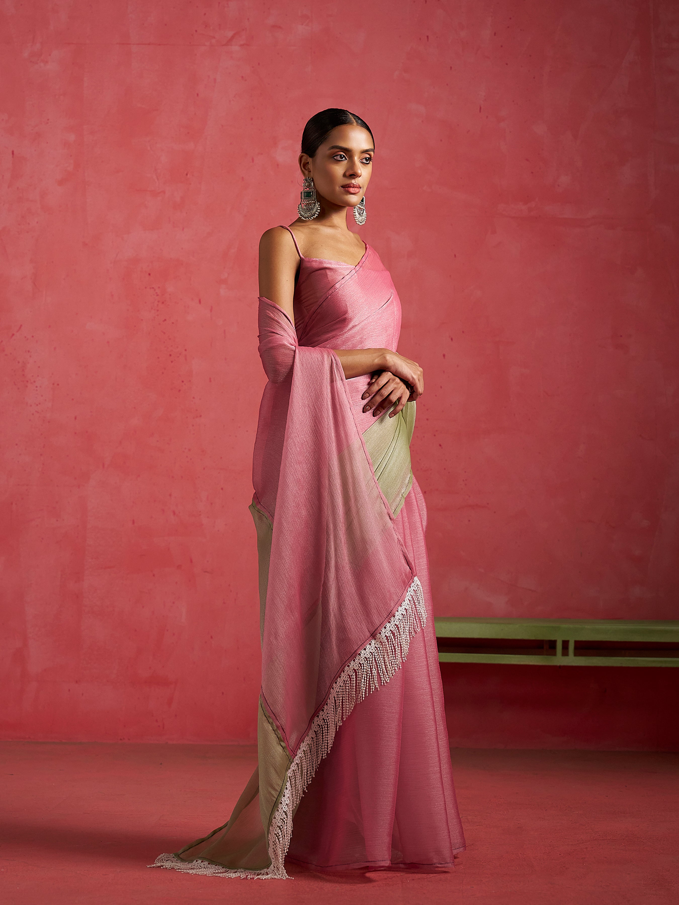 PINK & PISTA GLOW CHIFFON READY-TO-WEAR SAREE