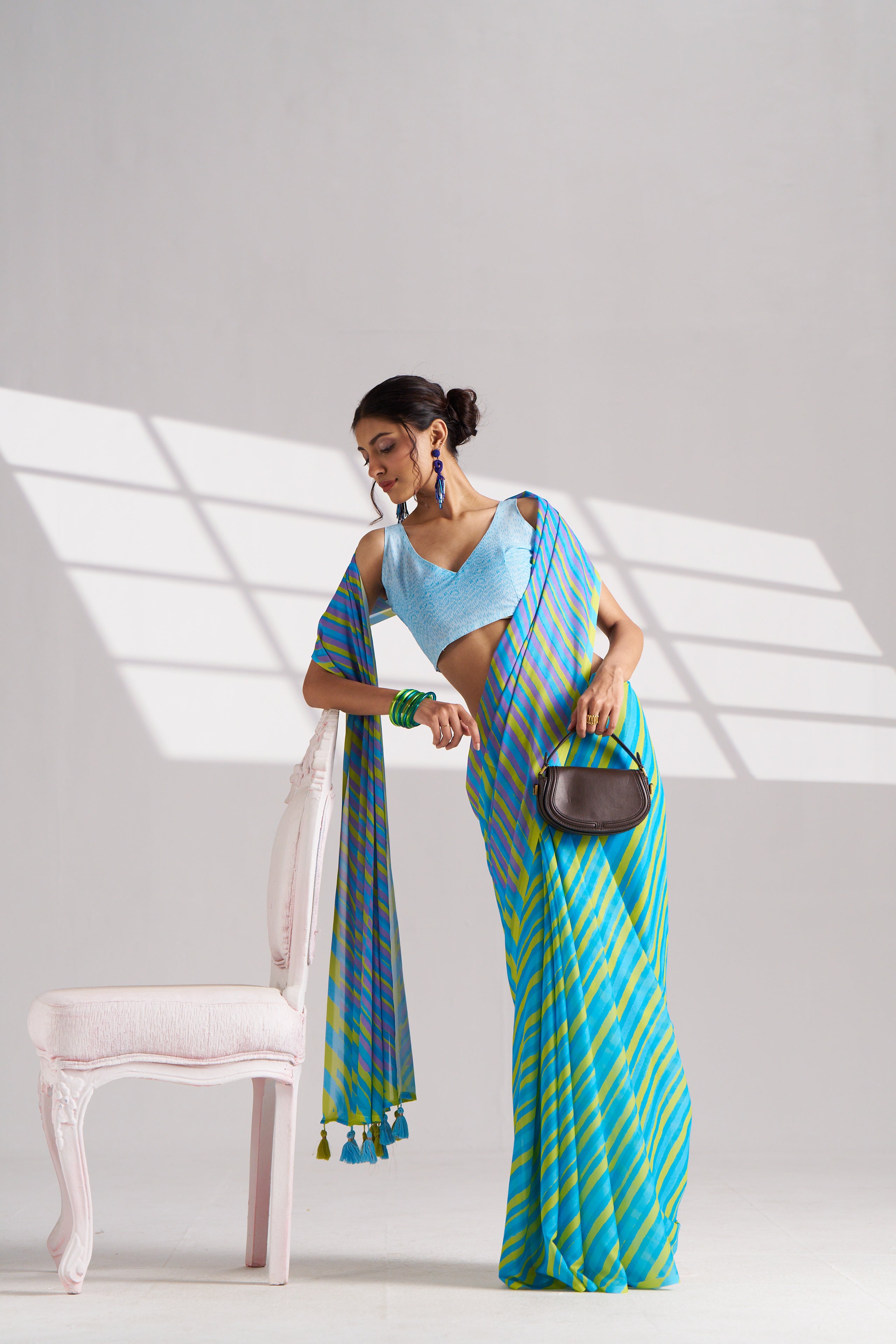 BLUE & YELLOW GEORGETTE SPARKLE LAHERIYA DIGITAL PRINTED SAREE