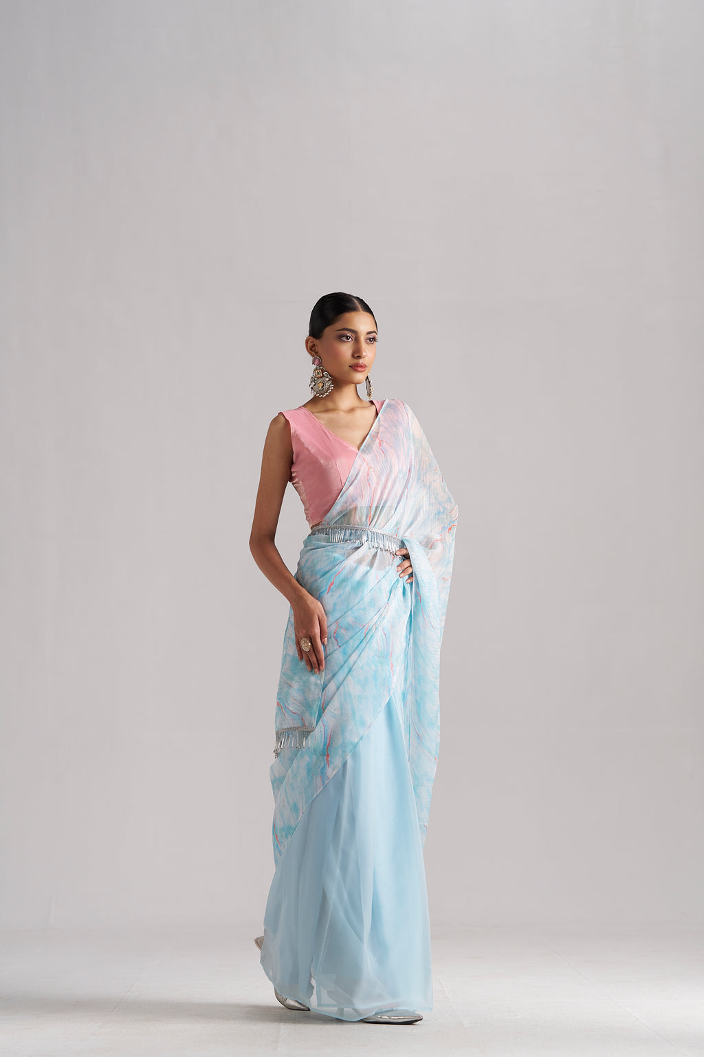SKY BLUE SOFT ORGANZA READY TO WEAR SAREE