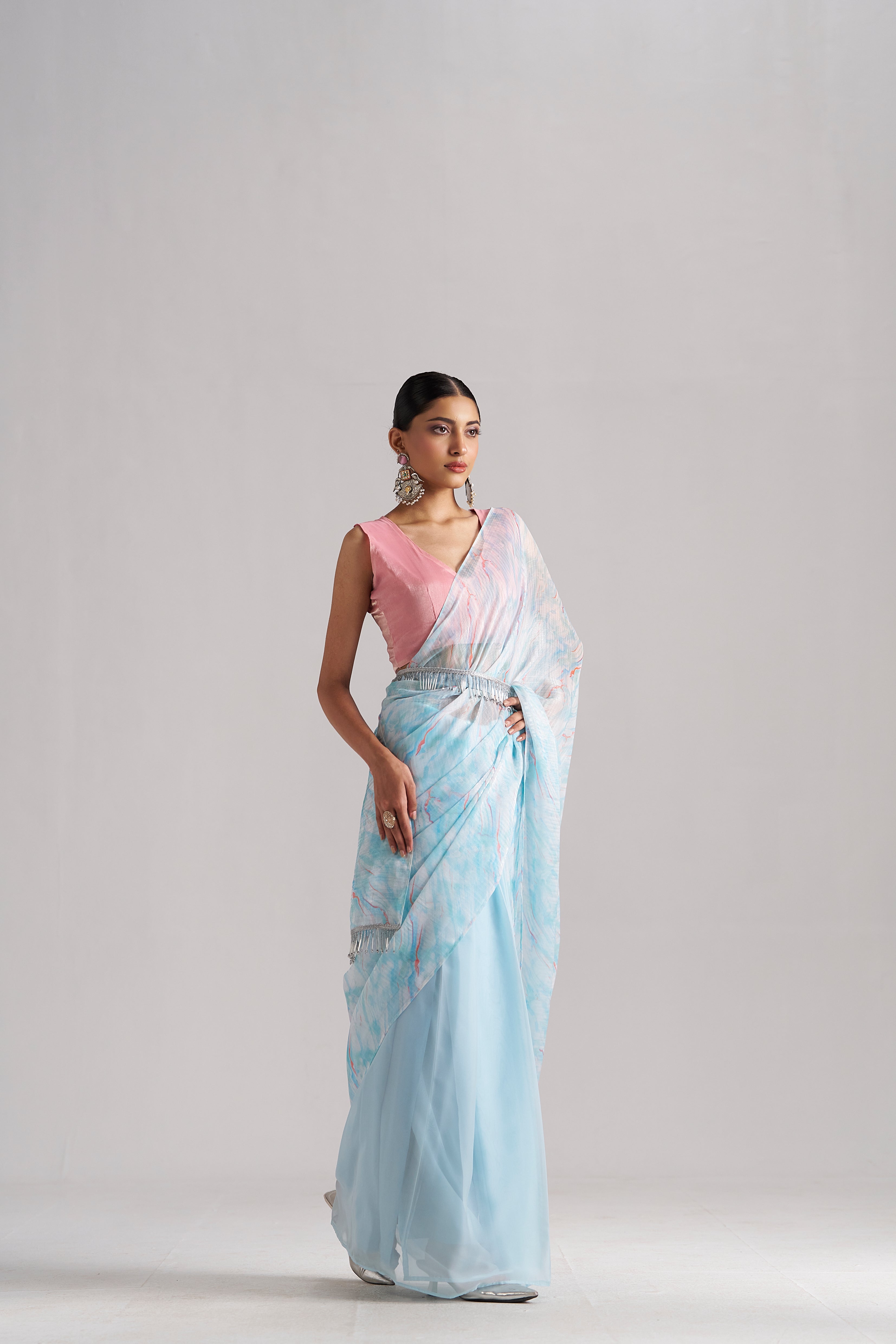 SKY BLUE SOFT ORGANZA READY TO WEAR SAREE