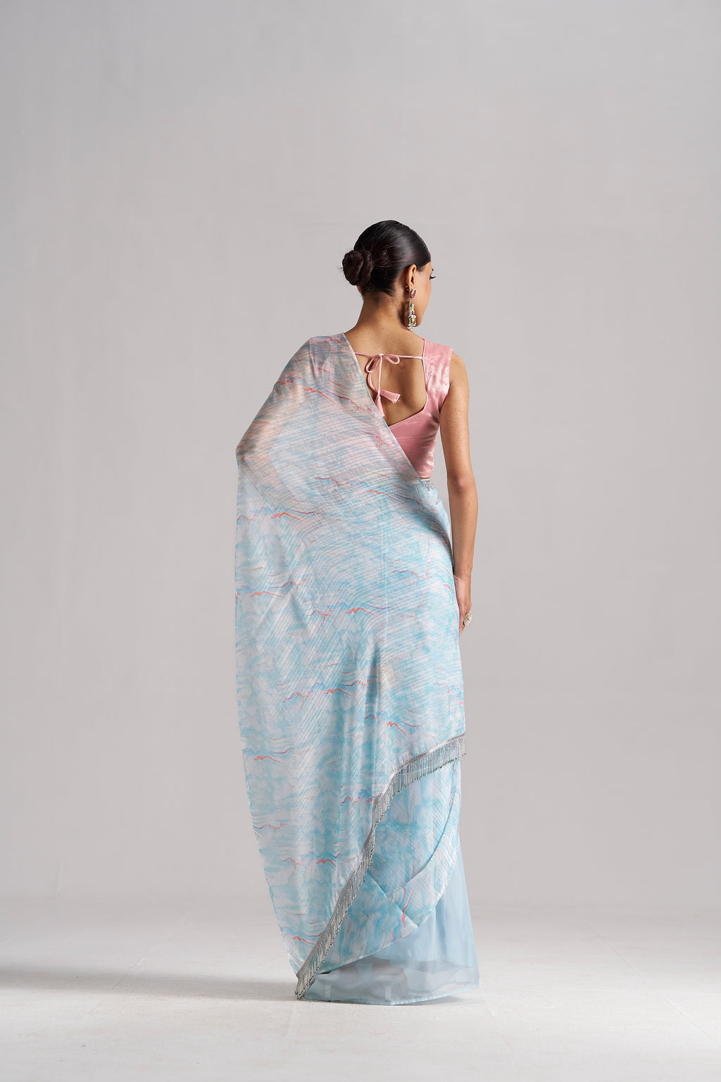 SKY BLUE SOFT ORGANZA READY TO WEAR SAREE