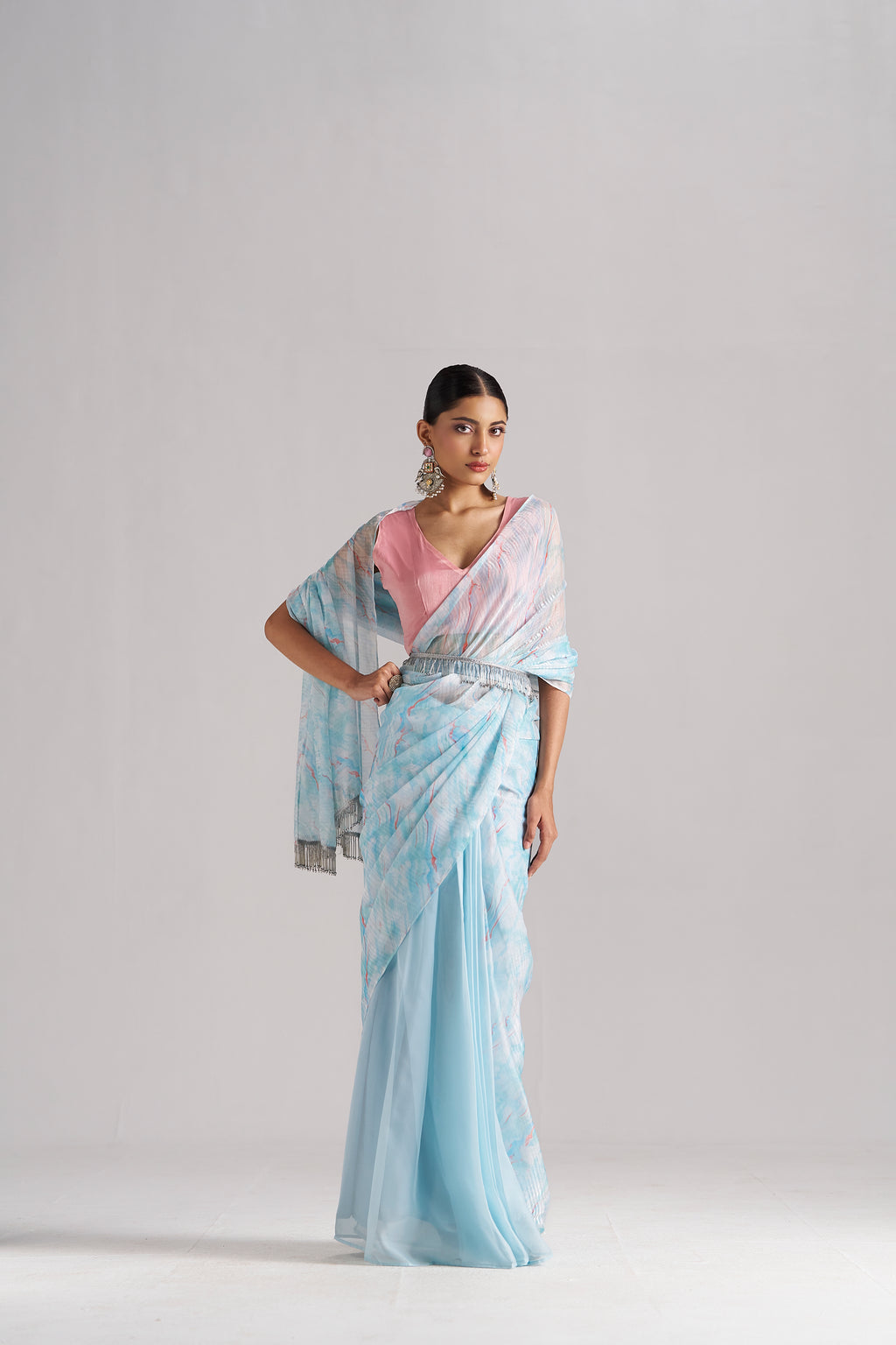 SKY BLUE SOFT ORGANZA READY TO WEAR SAREE