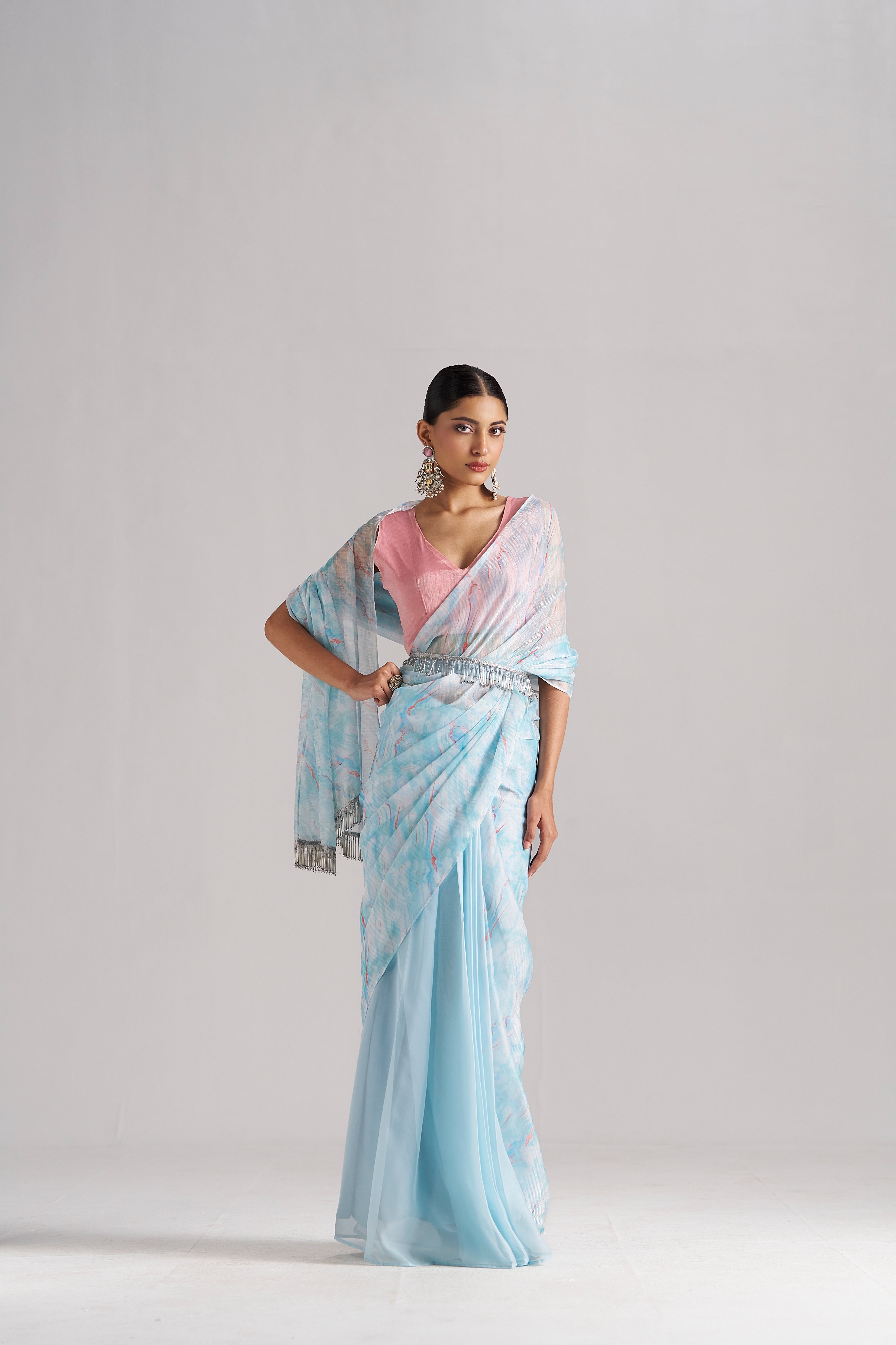 SKY BLUE SOFT ORGANZA READY TO WEAR SAREE