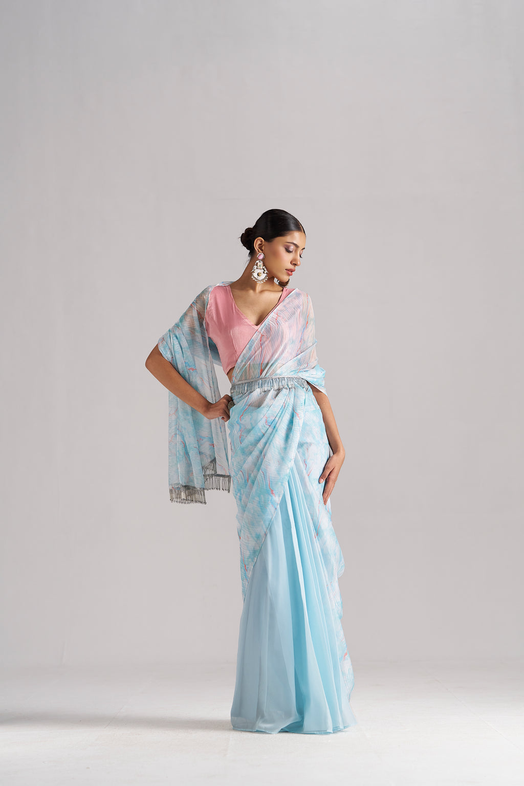 SKY BLUE SOFT ORGANZA READY TO WEAR SAREE