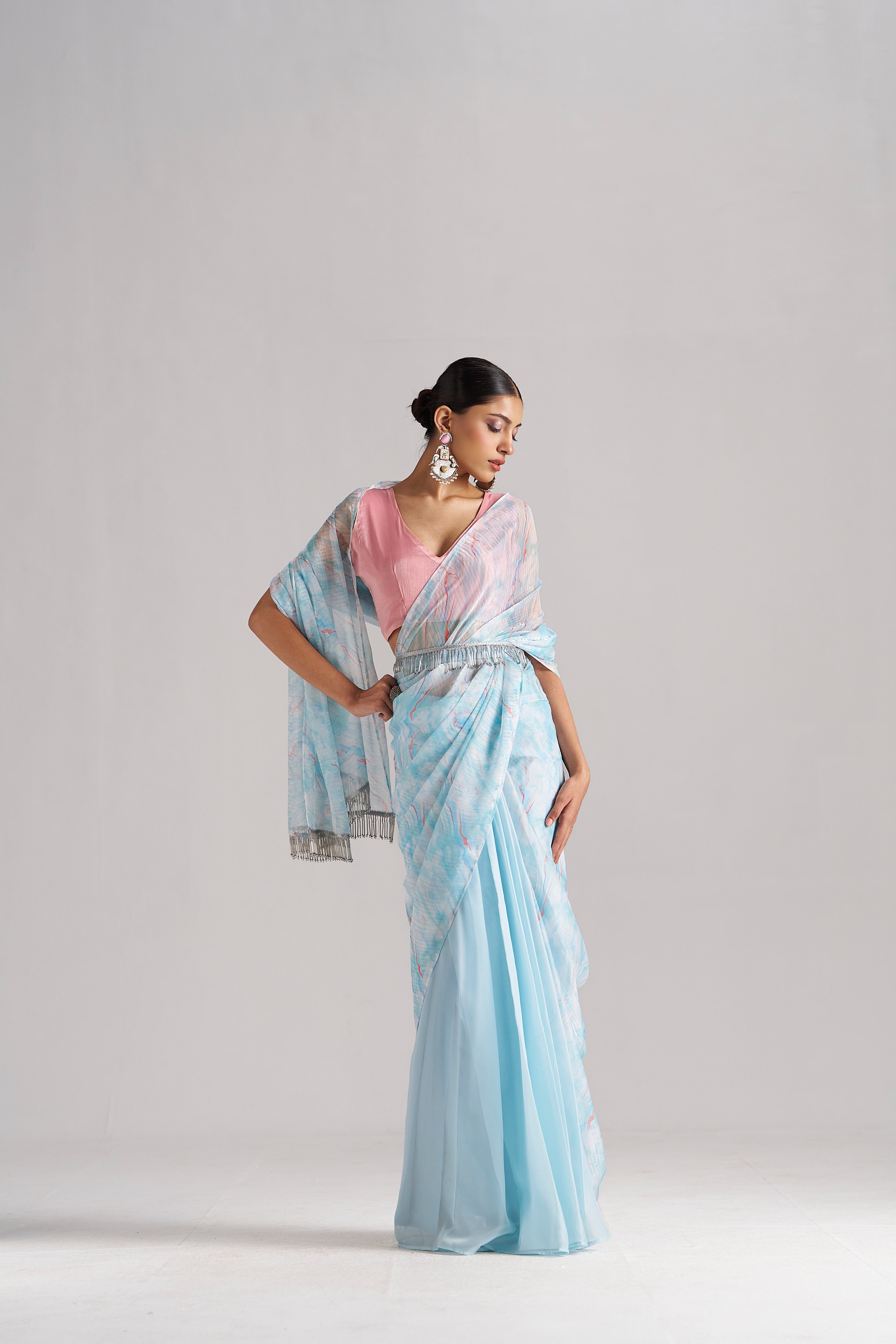 SKY BLUE SOFT ORGANZA READY TO WEAR SAREE
