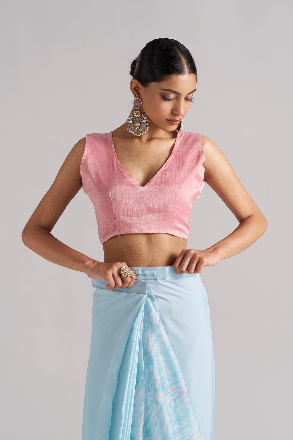 SKY BLUE SOFT ORGANZA READY TO WEAR SAREE