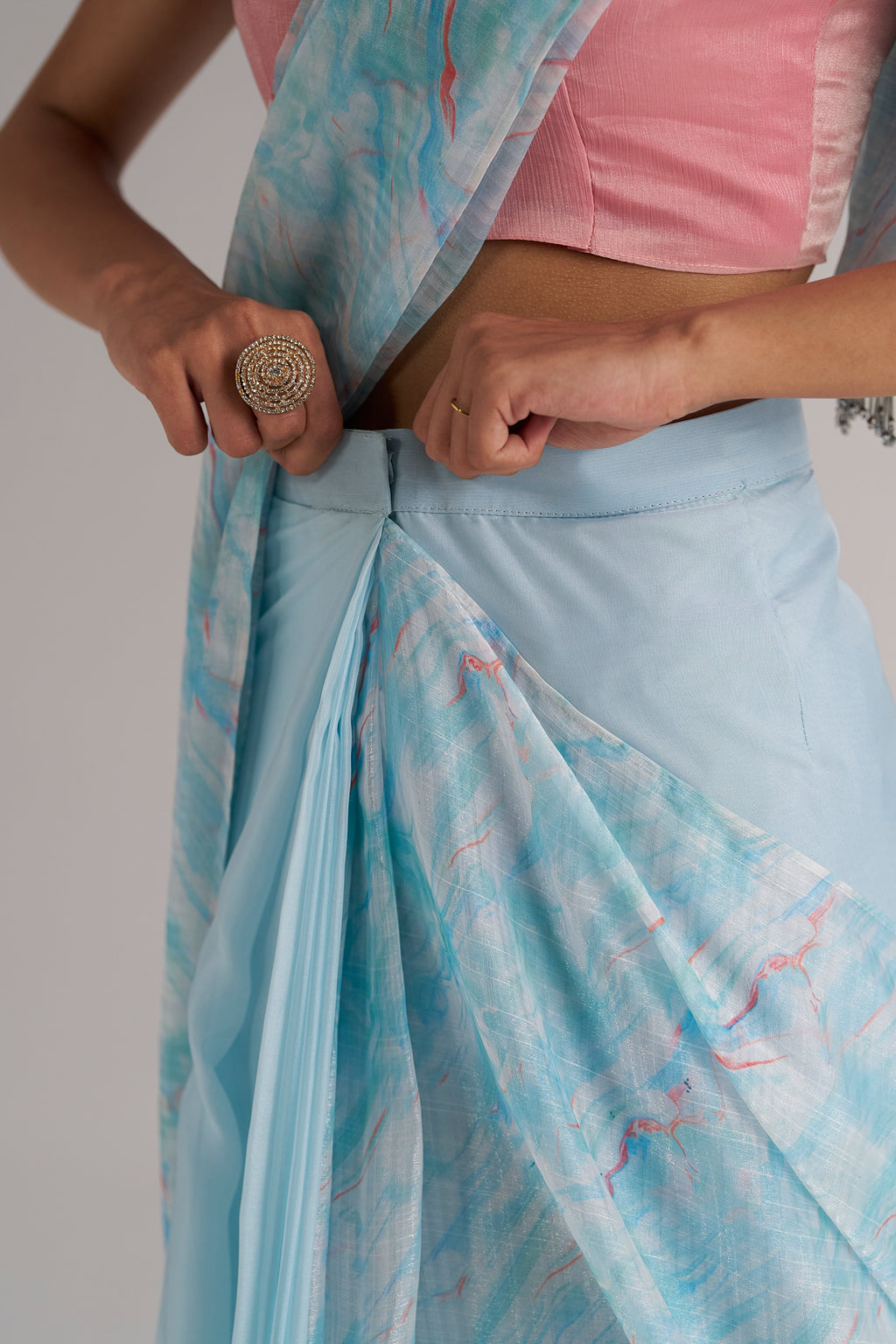 SKY BLUE SOFT ORGANZA READY TO WEAR SAREE