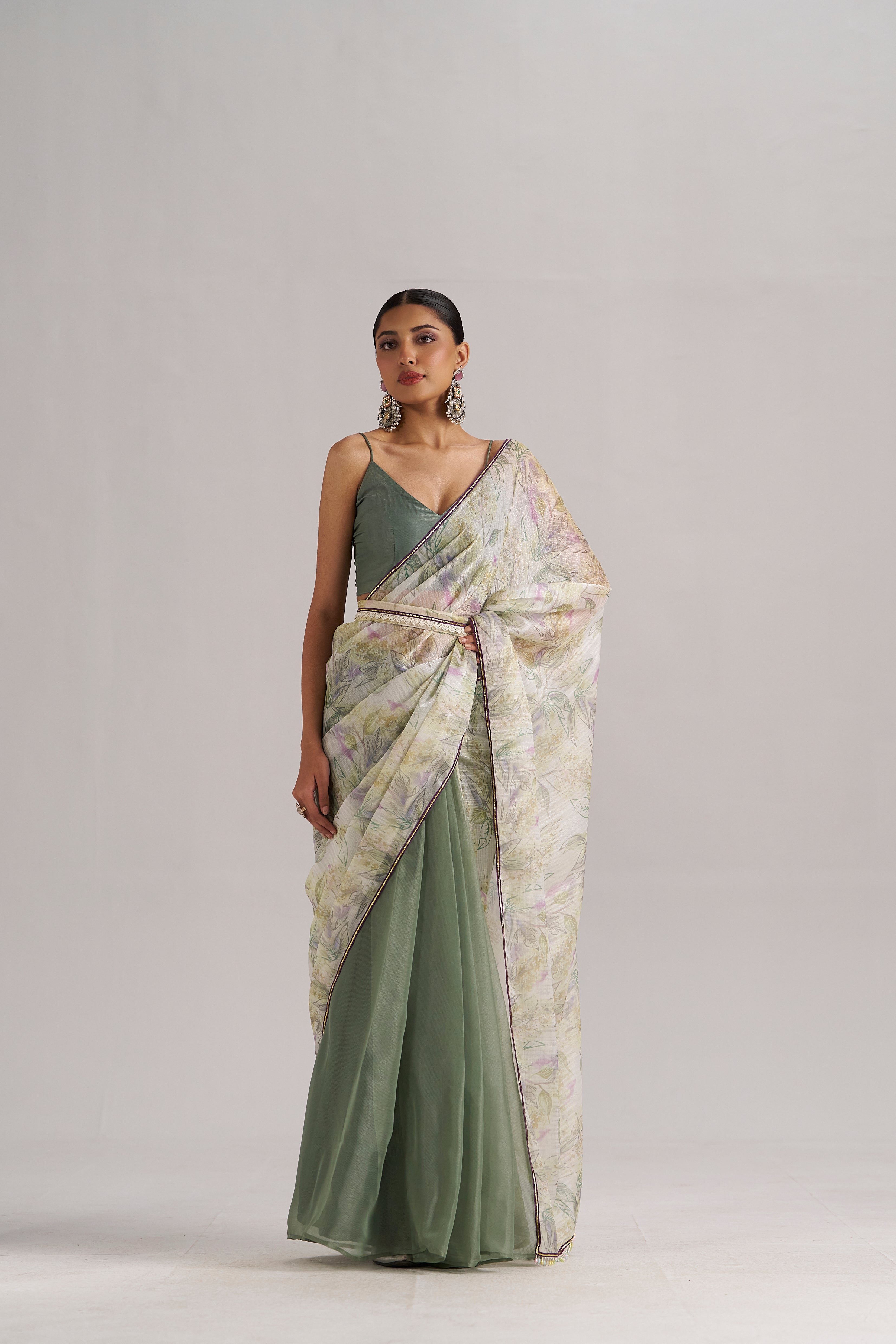 OLIVE MINT SOFT ORGANZA READY TO WEAR SAREE