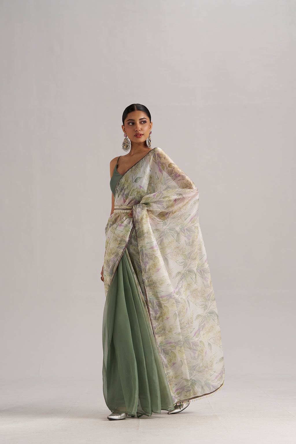 OLIVE MINT SOFT ORGANZA READY TO WEAR SAREE