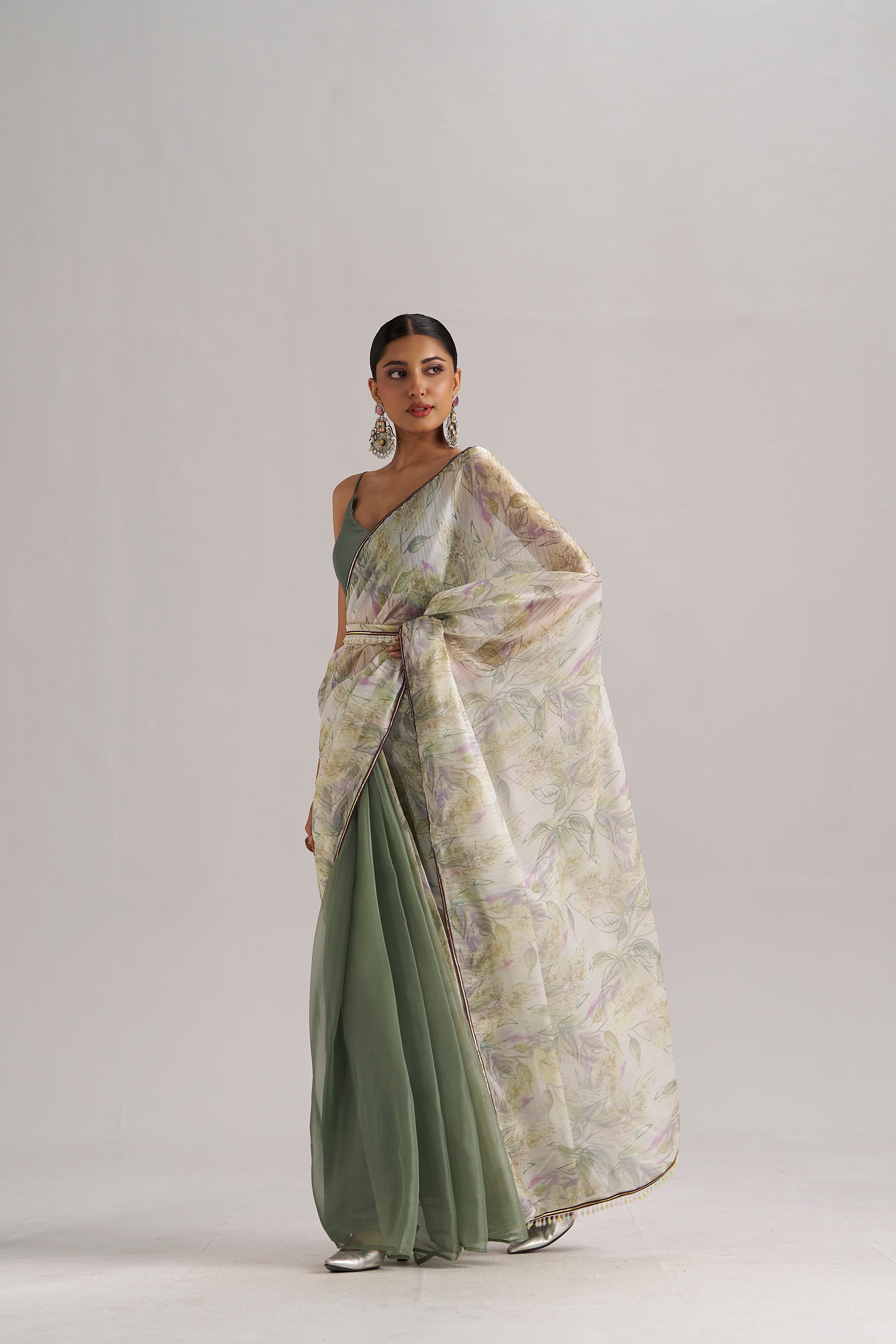 OLIVE MINT SOFT ORGANZA READY TO WEAR SAREE