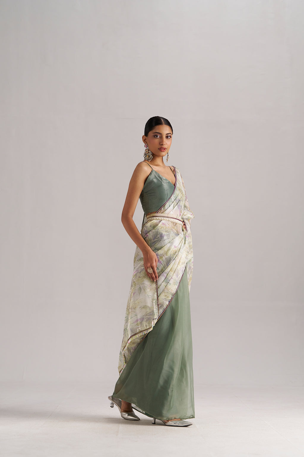 OLIVE MINT SOFT ORGANZA READY TO WEAR SAREE