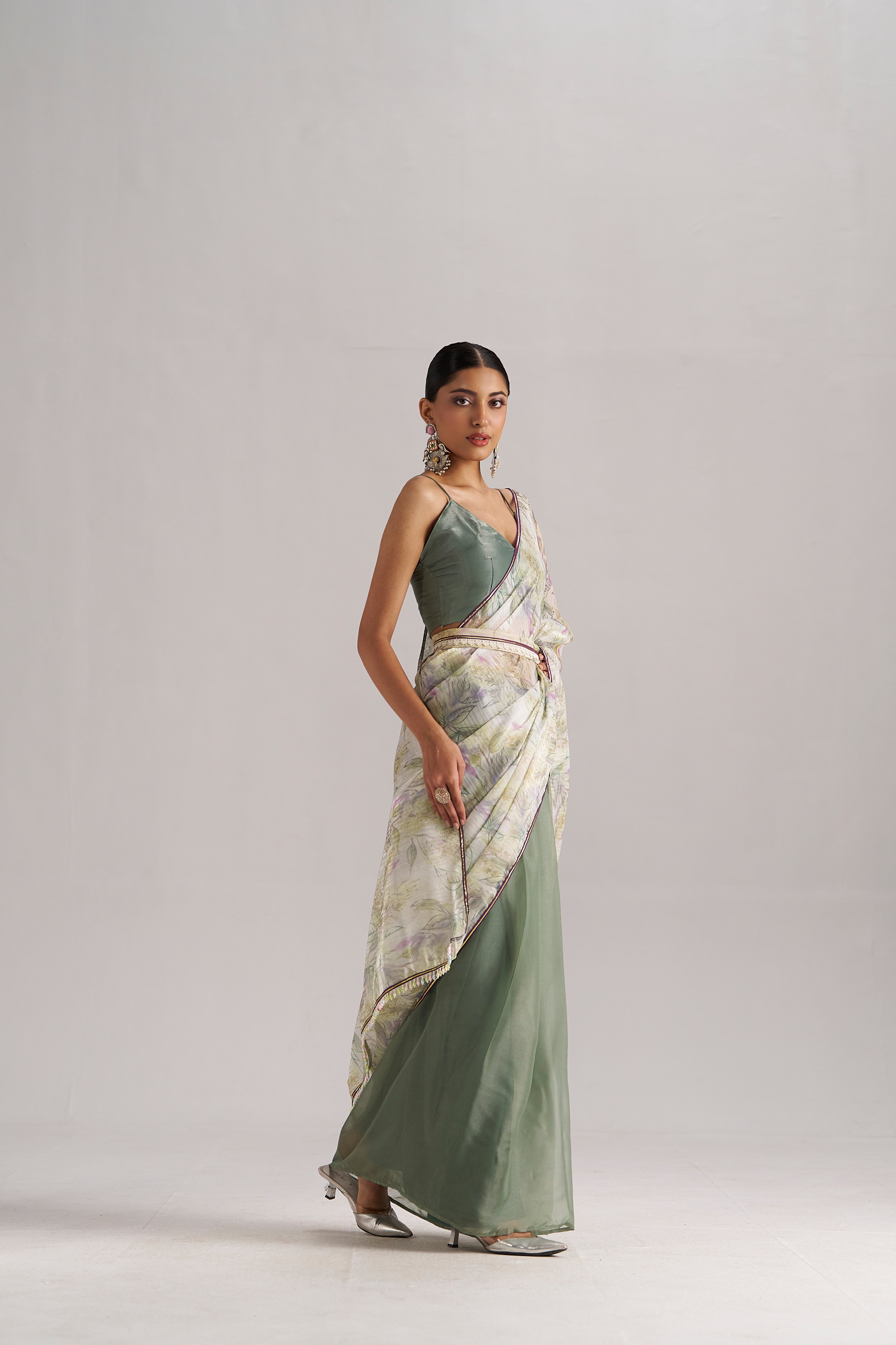 OLIVE MINT SOFT ORGANZA READY TO WEAR SAREE