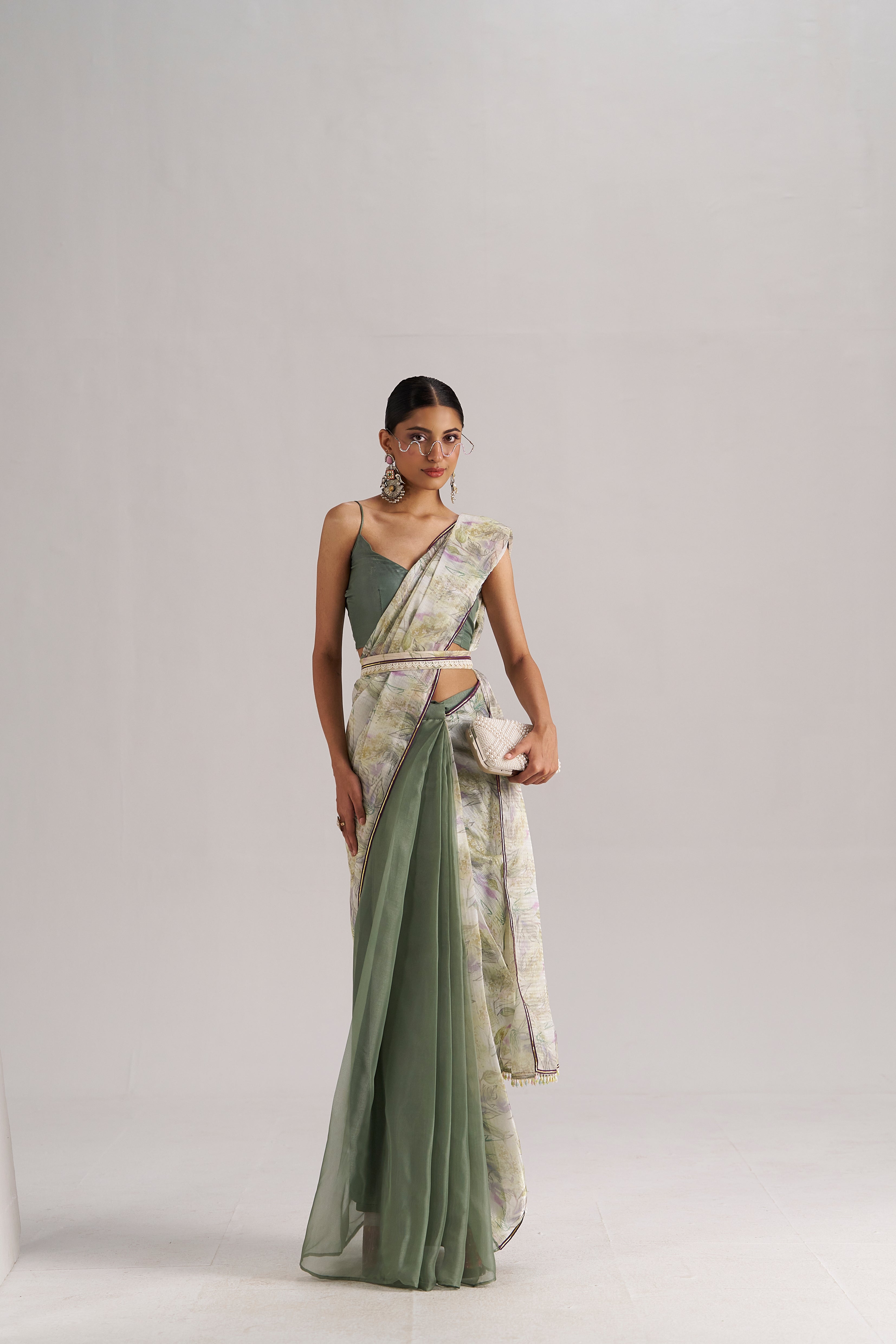 OLIVE MINT SOFT ORGANZA READY TO WEAR SAREE