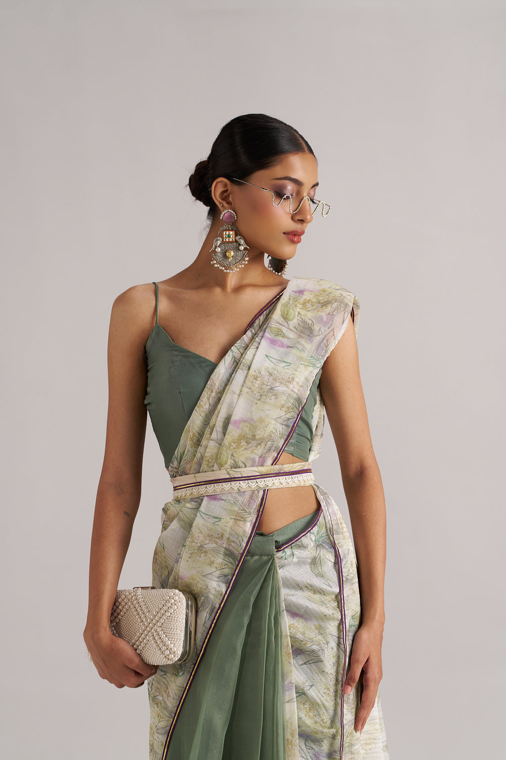 OLIVE MINT SOFT ORGANZA READY TO WEAR SAREE