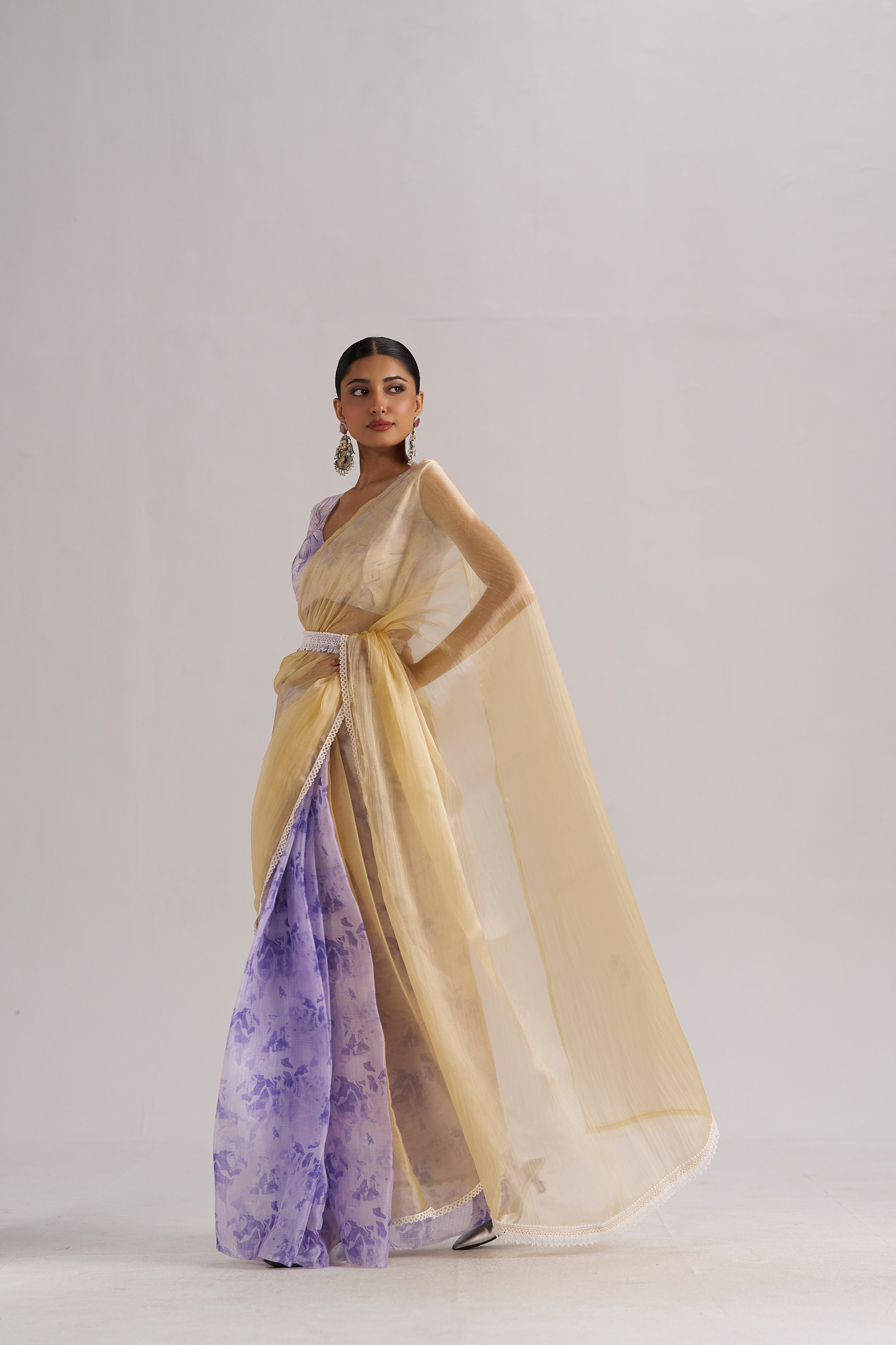 PURPLE & YELLOW HARMONY SOFT ORGANZA READY-TO-WEAR SAREE