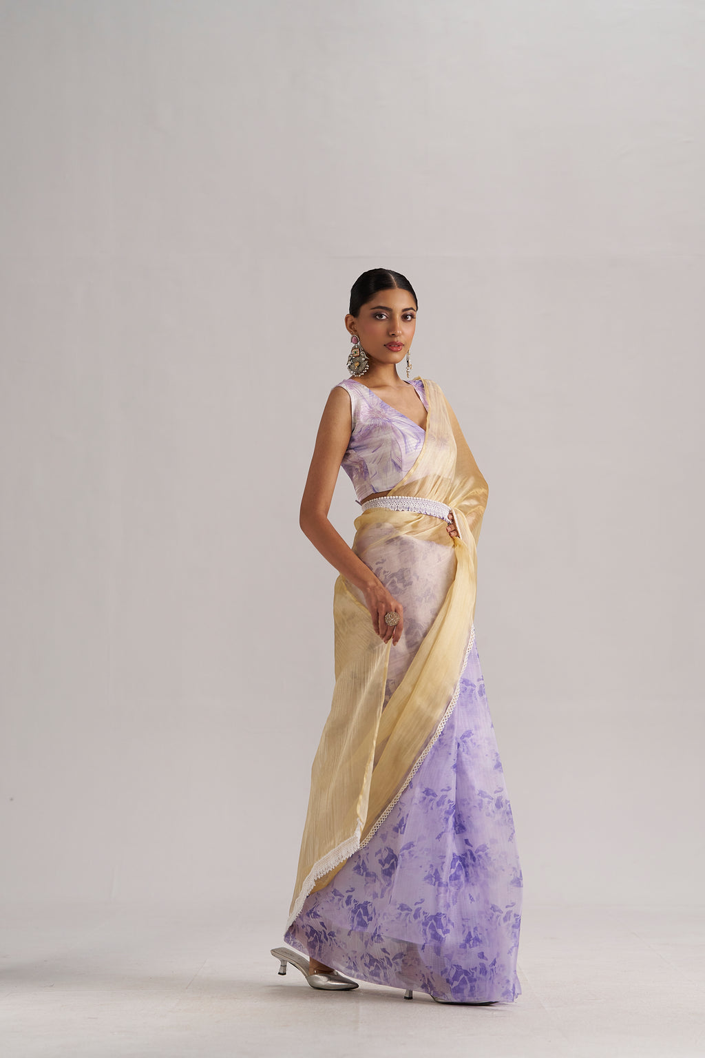PURPLE & YELLOW HARMONY SOFT ORGANZA READY-TO-WEAR SAREE