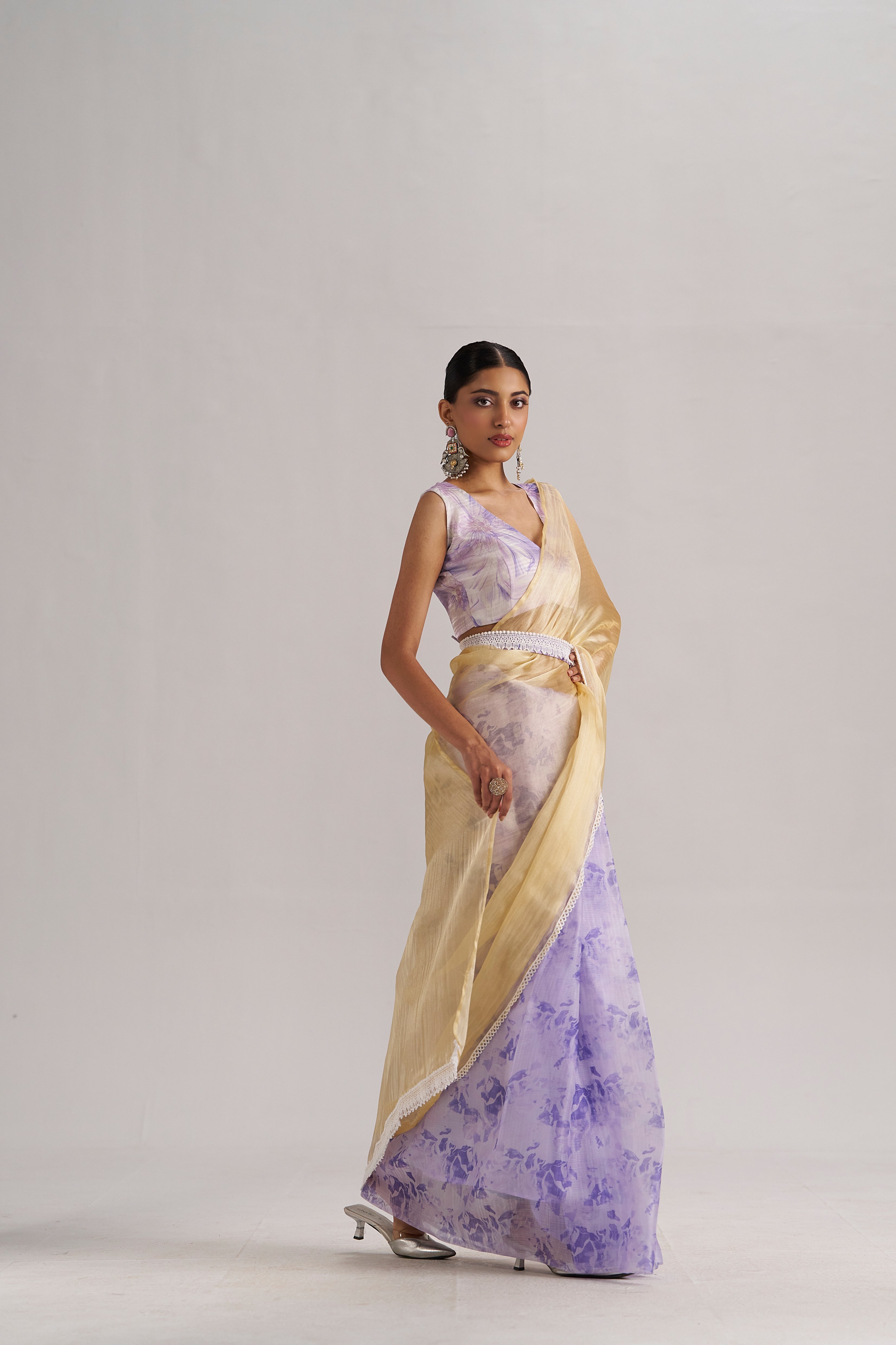 PURPLE & YELLOW HARMONY SOFT ORGANZA READY-TO-WEAR SAREE